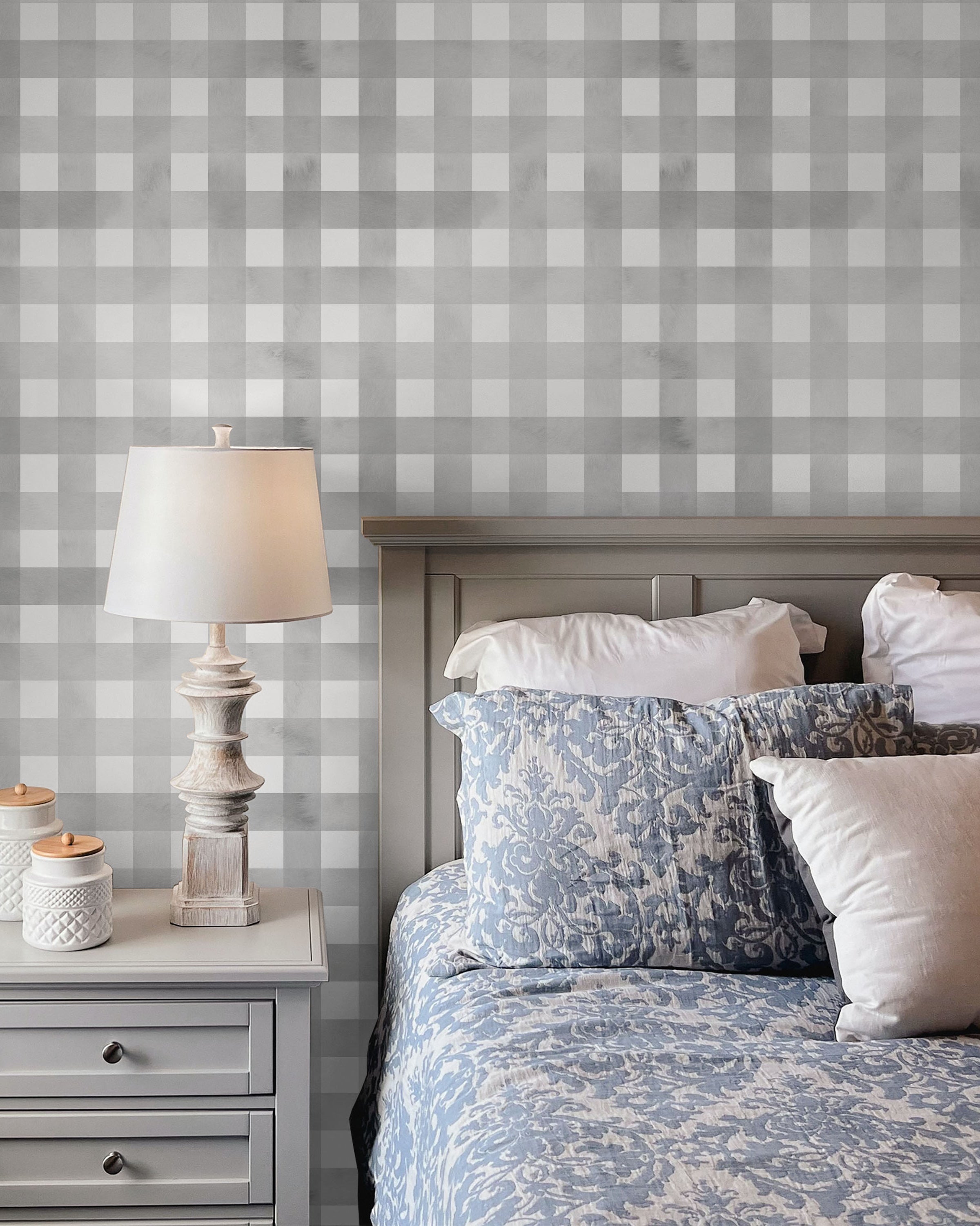 Watercolored Grid Peel and Stick Wallpaper, Removable Wallpaper, Traditional Wallpaper - Smoke Gray | DeccoPrint