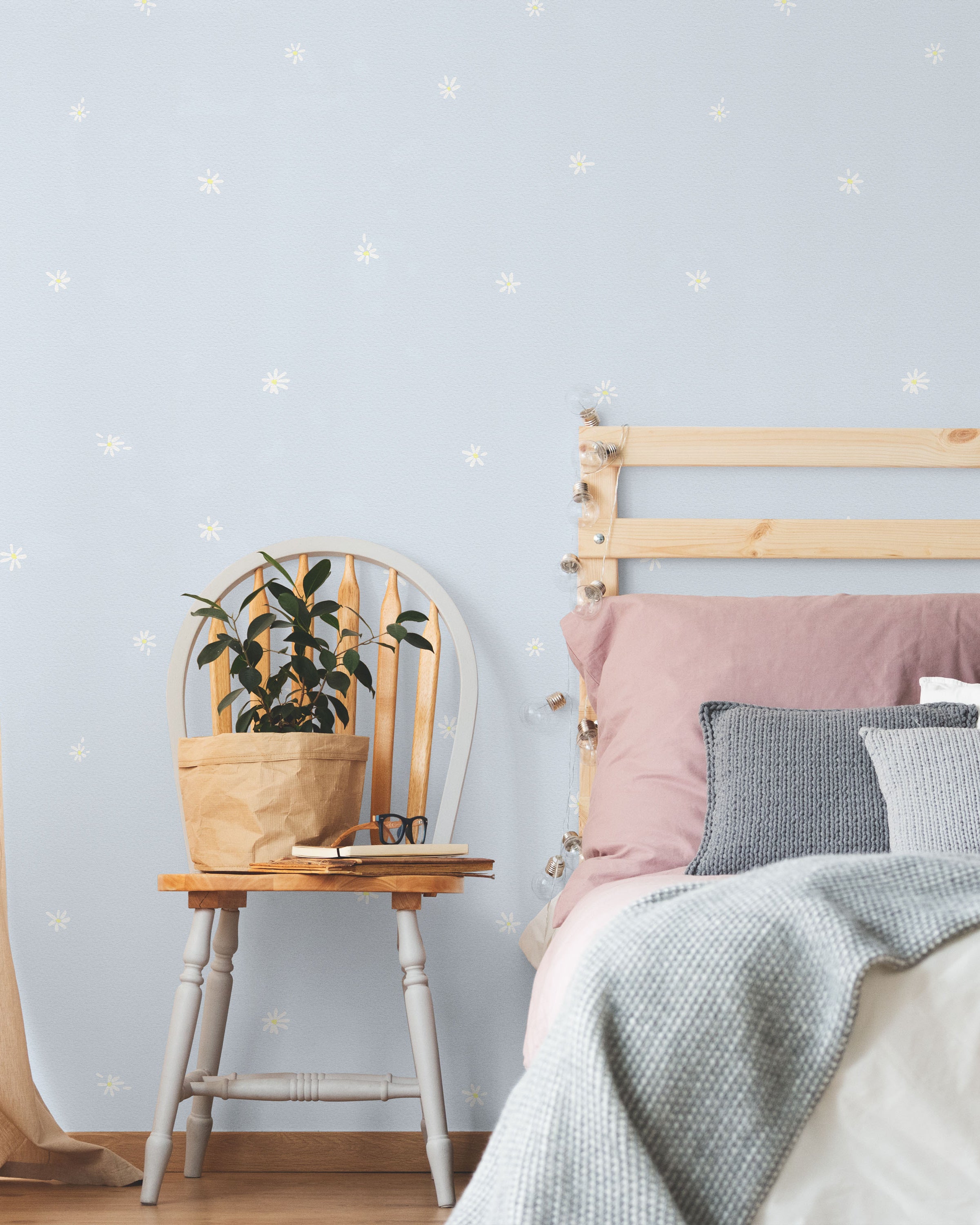 Simple Daisies Peel and Stick Wallpaper, Removable Wallpaper, Traditional Wallpaper - Sky Blue | DeccoPrint