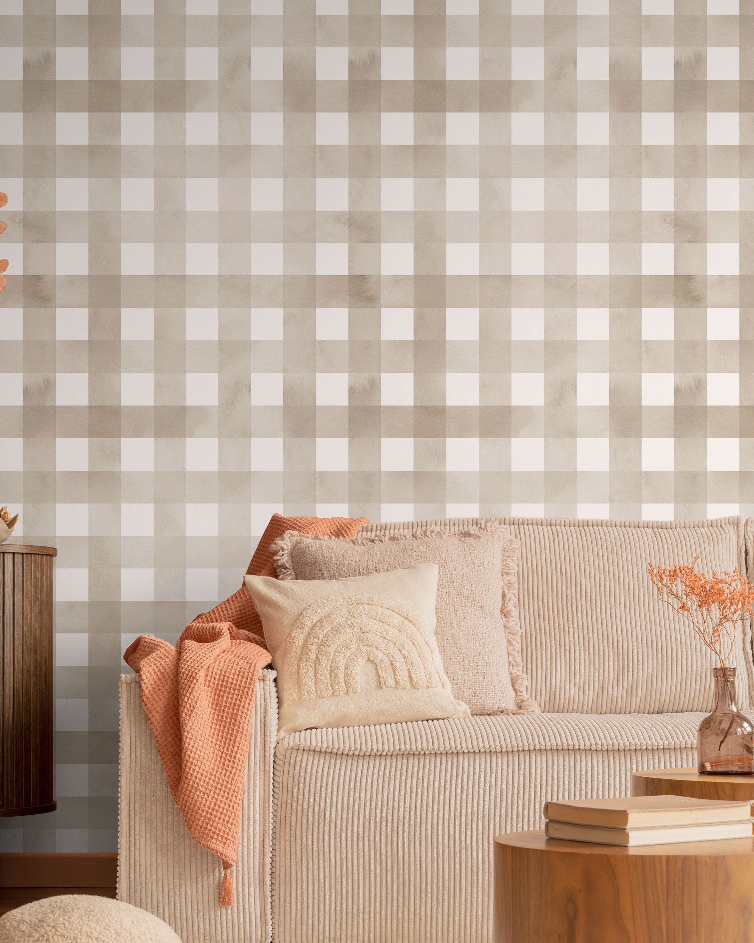 Watercolored Grid Peel and Stick Wallpaper, Removable Wallpaper, Traditional Wallpaper - Sand Beige | DeccoPrint