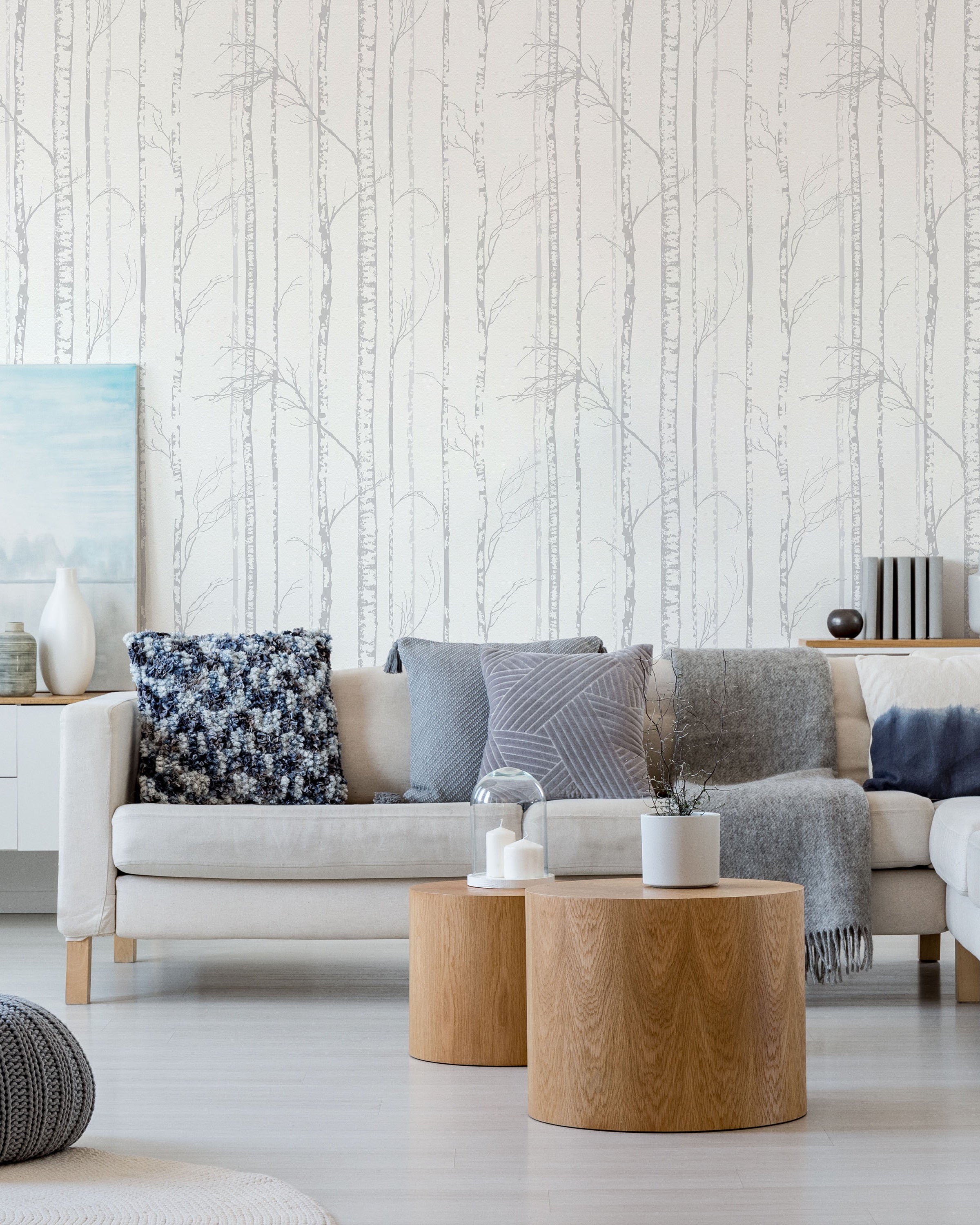 Birch Forest Peel and Stick Wallpaper, Removable Wallpaper, Traditional Wallpaper - Light Gray | DeccoPrint