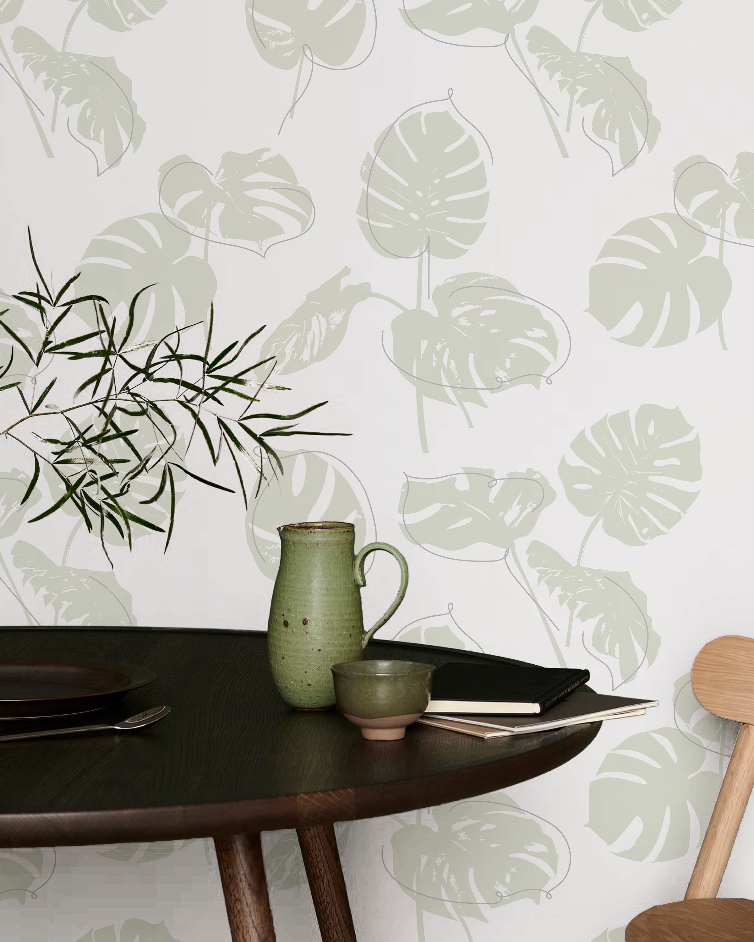 Monstera Leaves Peel and Stick Wallpaper, Removable Wallpaper, Traditional Wallpaper - Sage Green | DeccoPrint