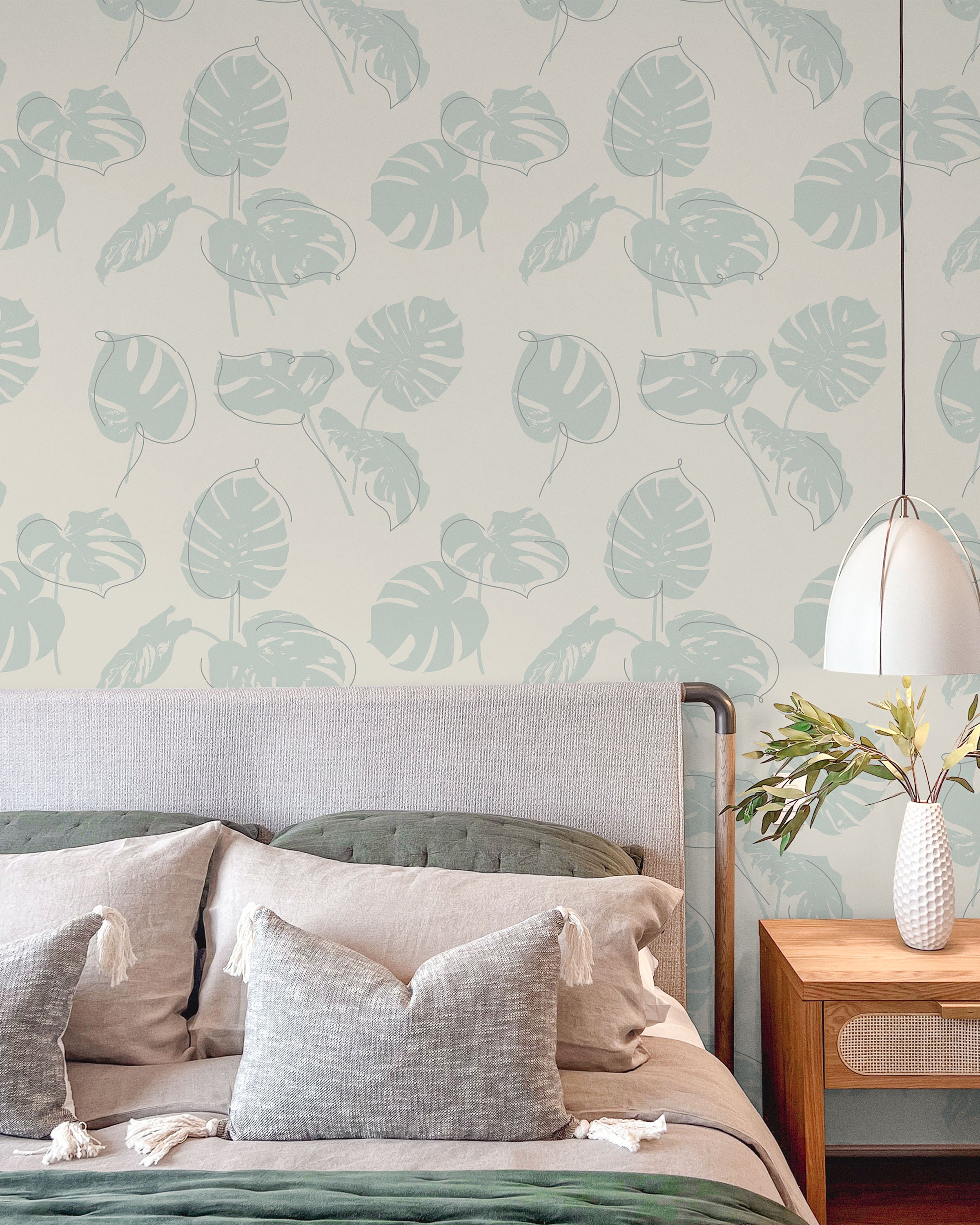 Monstera Leaves Peel and Stick Wallpaper, Removable Wallpaper, Traditional Wallpaper - Mint Green | DeccoPrint