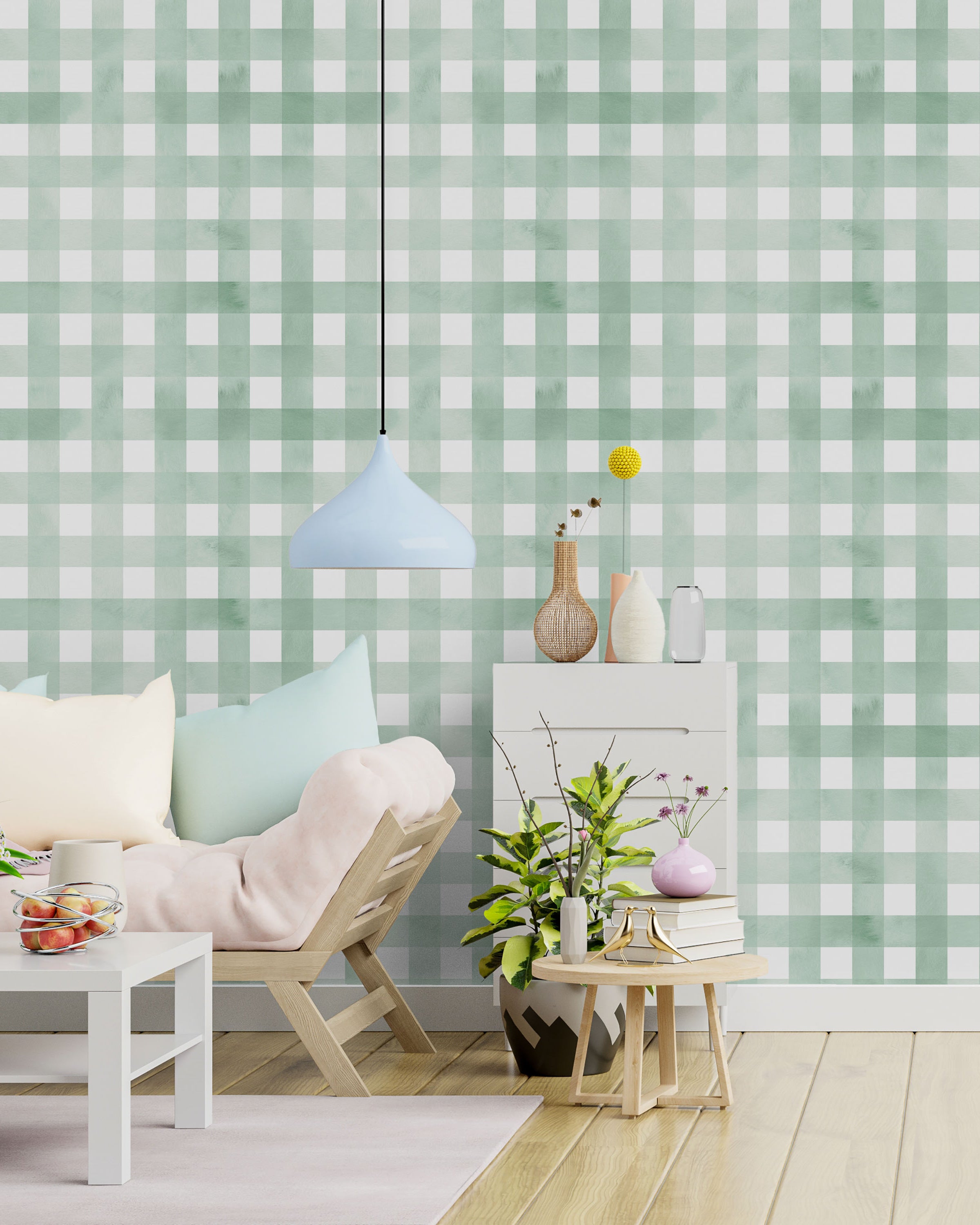 Watercolored Grid Peel and Stick Wallpaper, Removable Wallpaper, Traditional Wallpaper - Mint Green | DeccoPrint