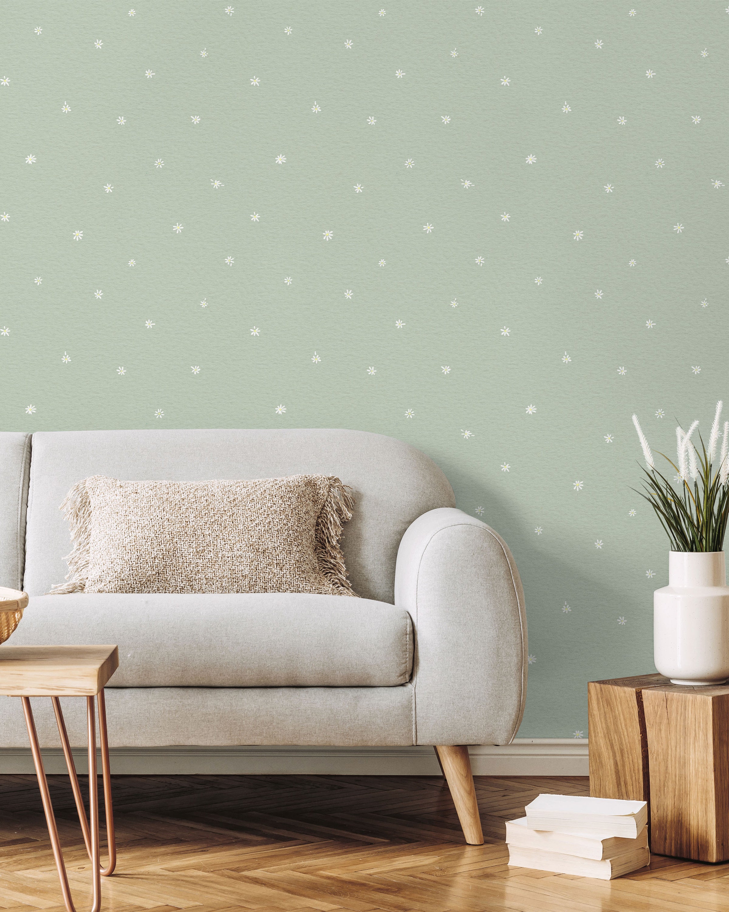 Simple Daisies Peel and Stick Wallpaper, Removable Wallpaper, Traditional Wallpaper - Sage Green | DeccoPrint
