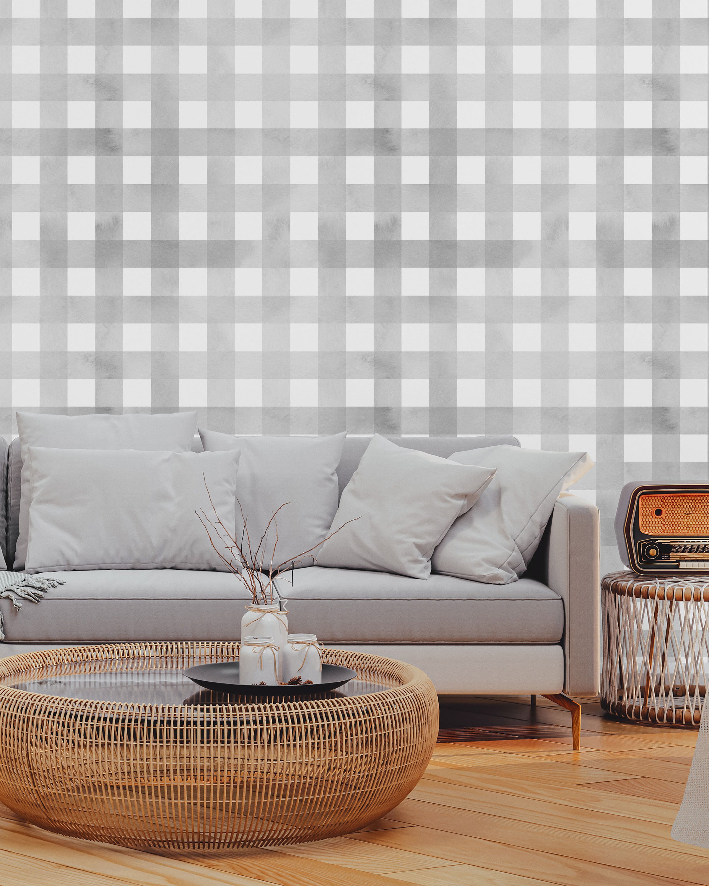 Watercolored Grid Peel and Stick Wallpaper, Removable Wallpaper, Traditional Wallpaper - Smoke Gray | DeccoPrint