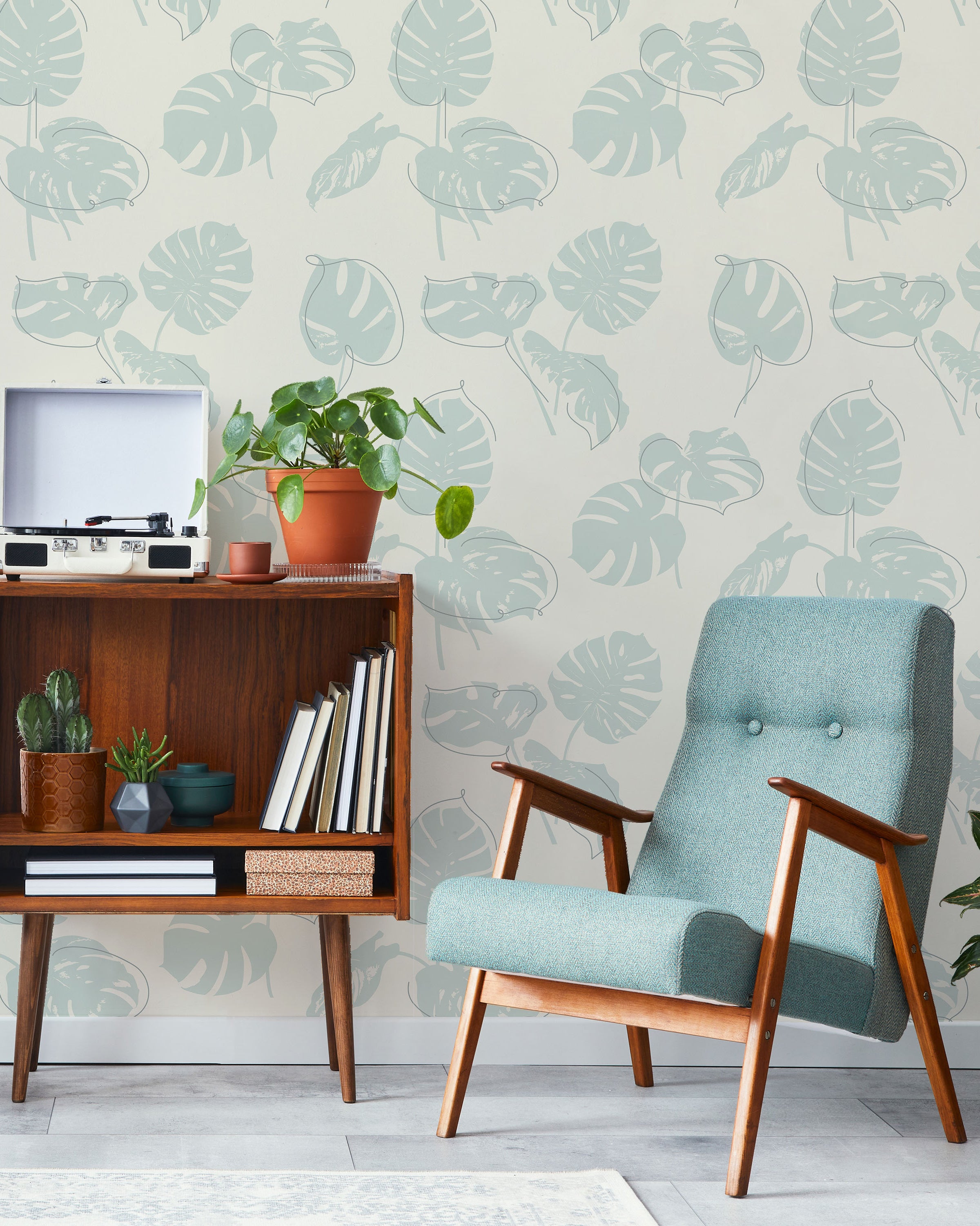 Monstera Leaves Peel and Stick Wallpaper, Removable Wallpaper, Traditional Wallpaper - Mint Green | DeccoPrint