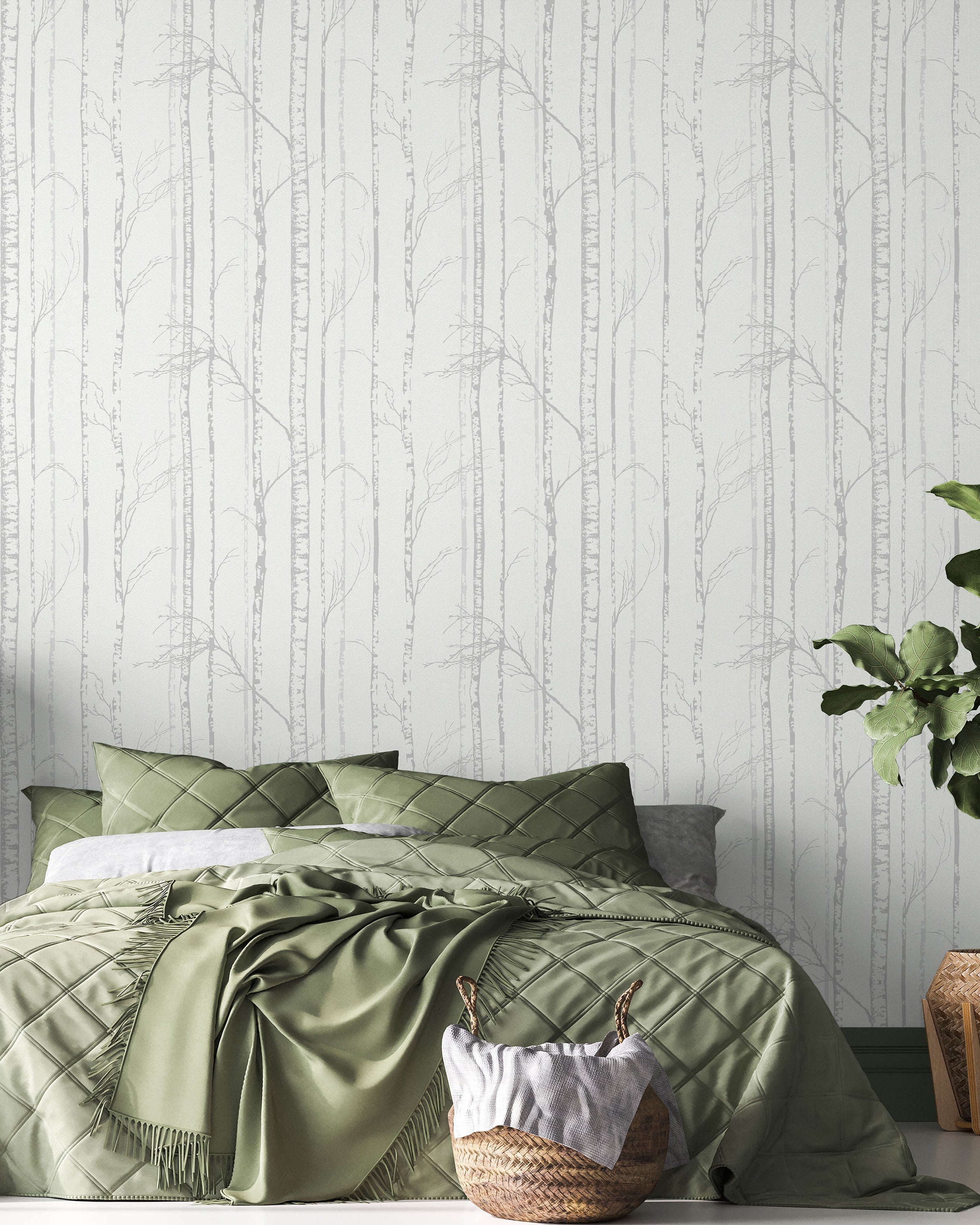 Birch Forest Peel and Stick Wallpaper, Removable Wallpaper, Traditional Wallpaper - Light Gray | DeccoPrint