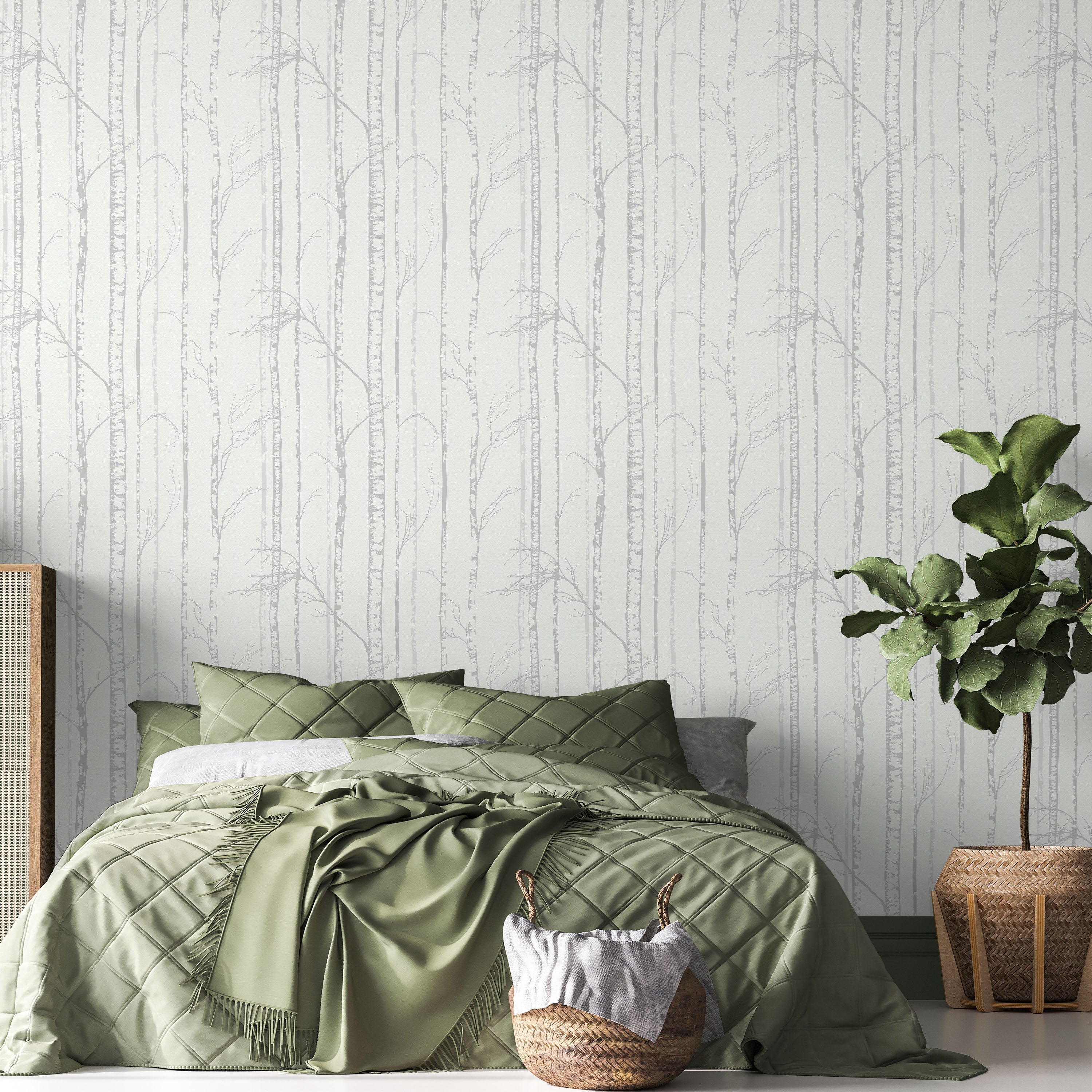 Birch Forest Peel and Stick Wallpaper, Removable Wallpaper, Traditional Wallpaper - Light Gray | DeccoPrint