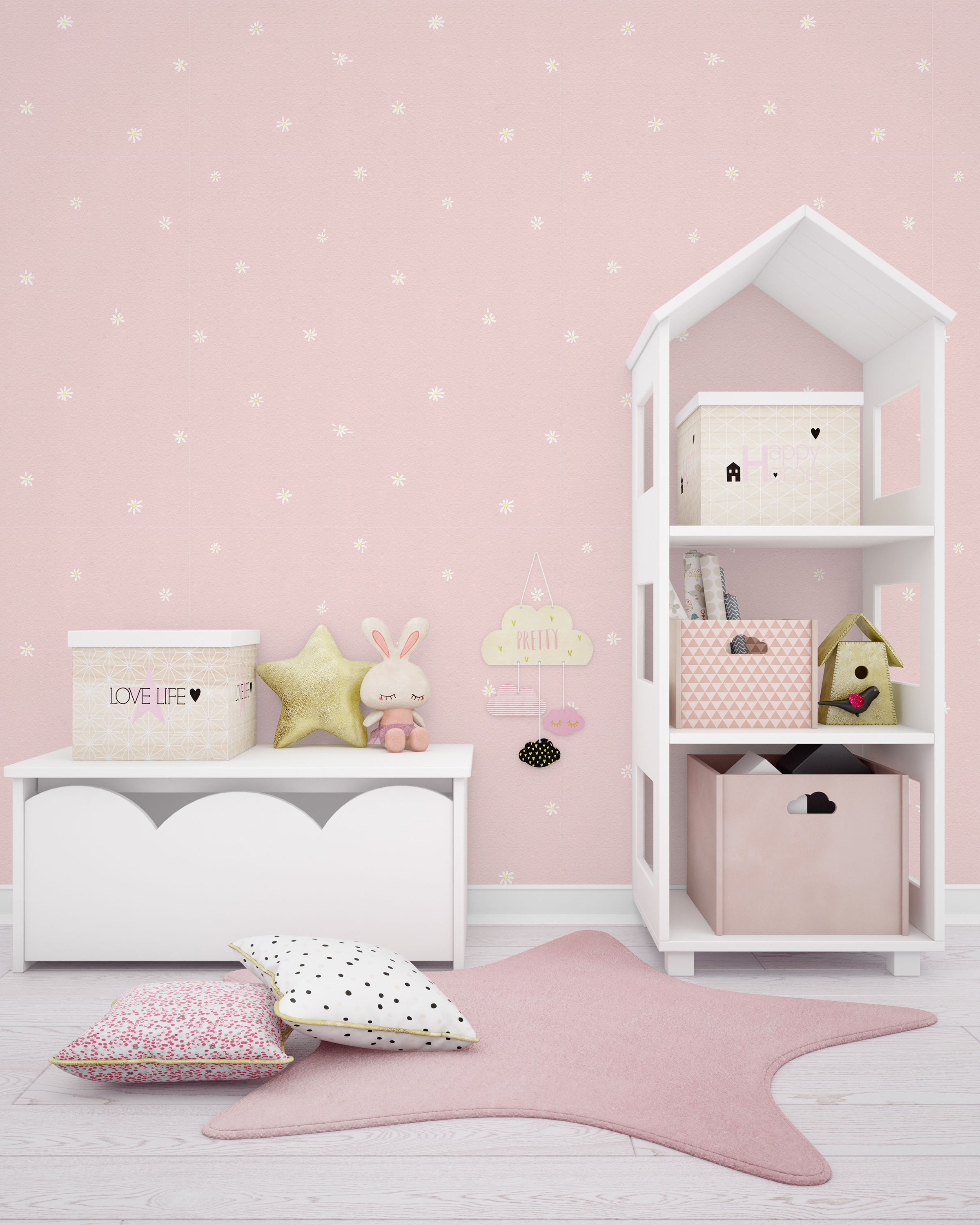 Simple Daisies Peel and Stick Wallpaper, Removable Wallpaper, Traditional Wallpaper - Blush Pink | DeccoPrint