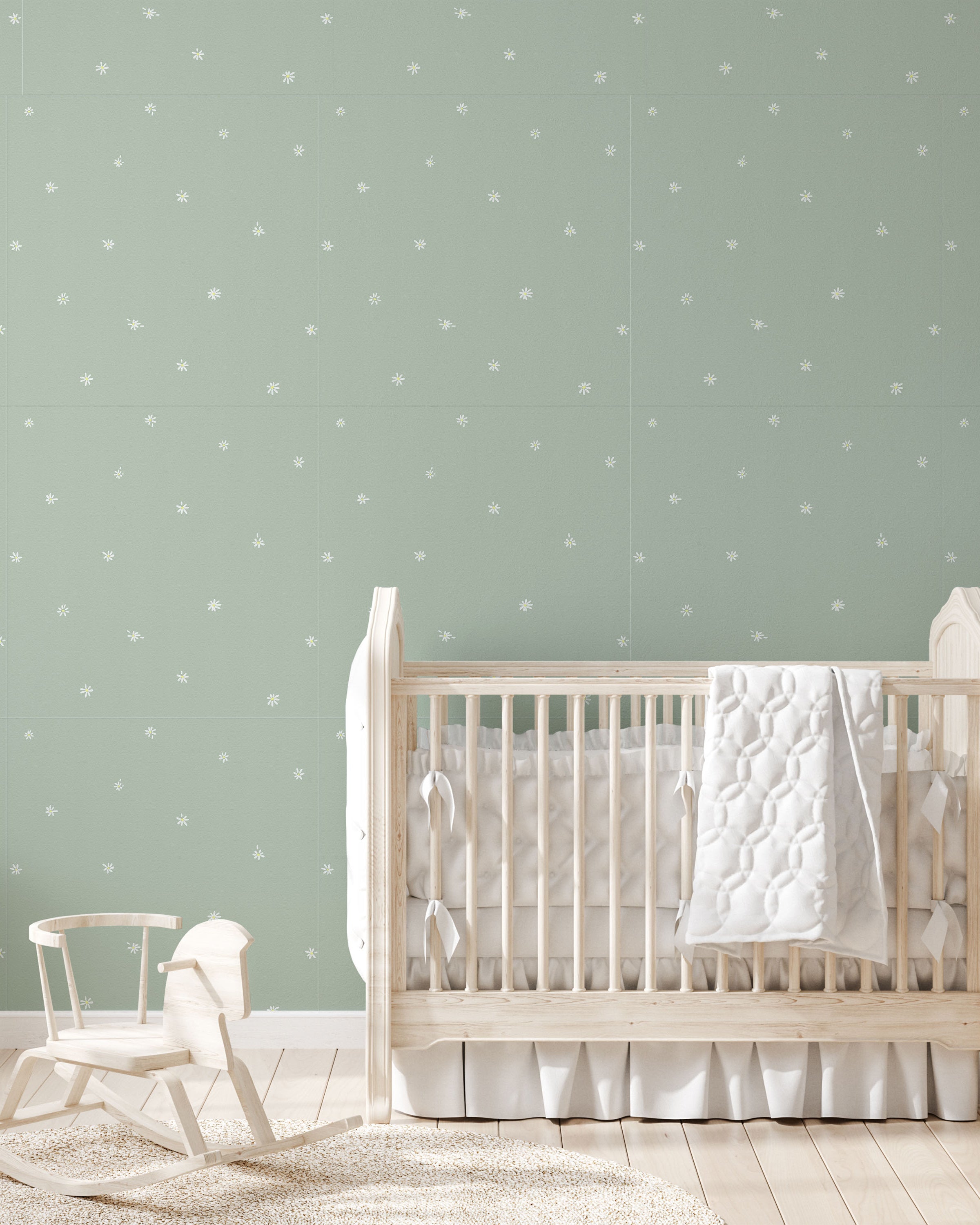 Simple Daisies Peel and Stick Wallpaper, Removable Wallpaper, Traditional Wallpaper - Sage Green | DeccoPrint