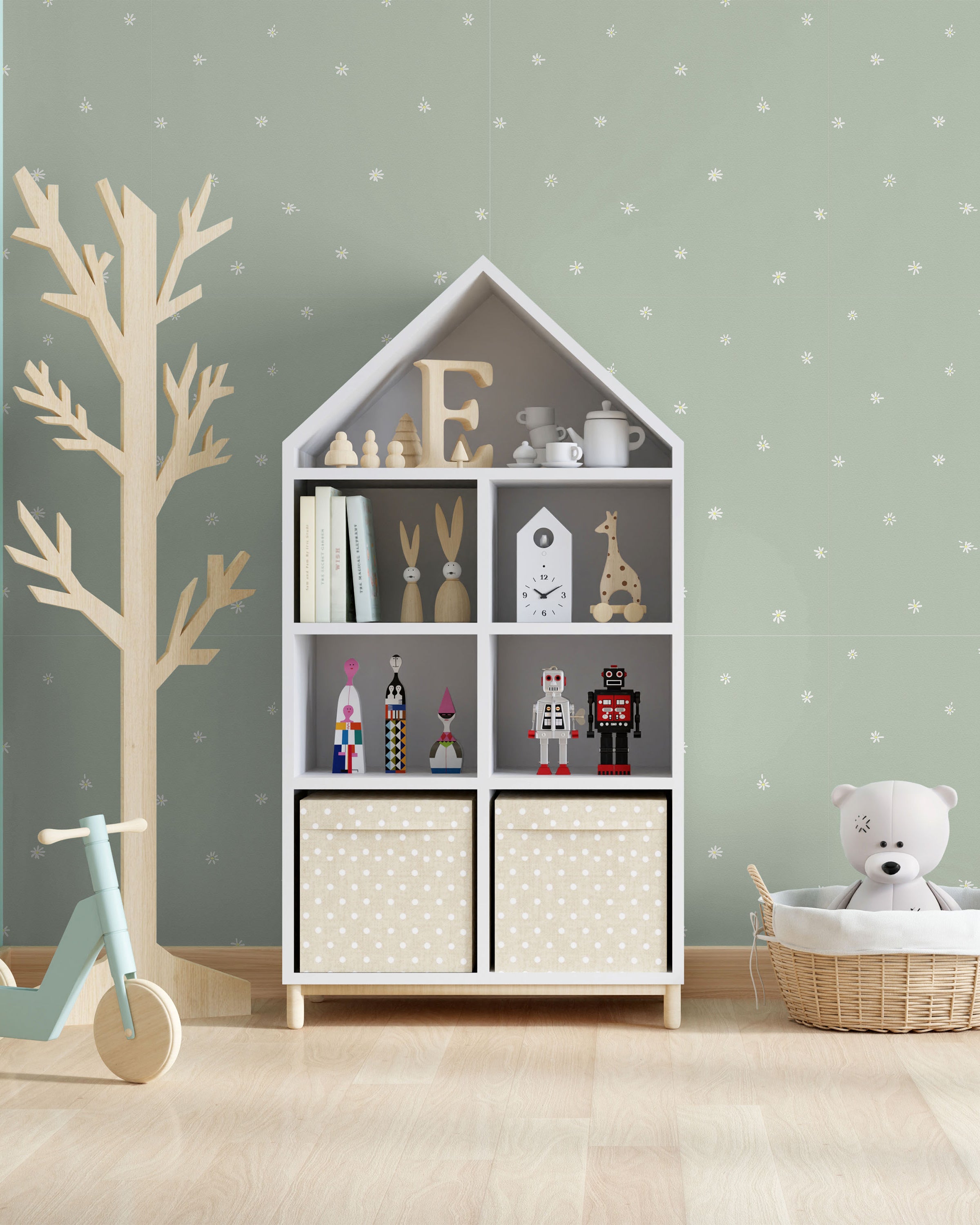 Simple Daisies Peel and Stick Wallpaper, Removable Wallpaper, Traditional Wallpaper - Sage Green | DeccoPrint