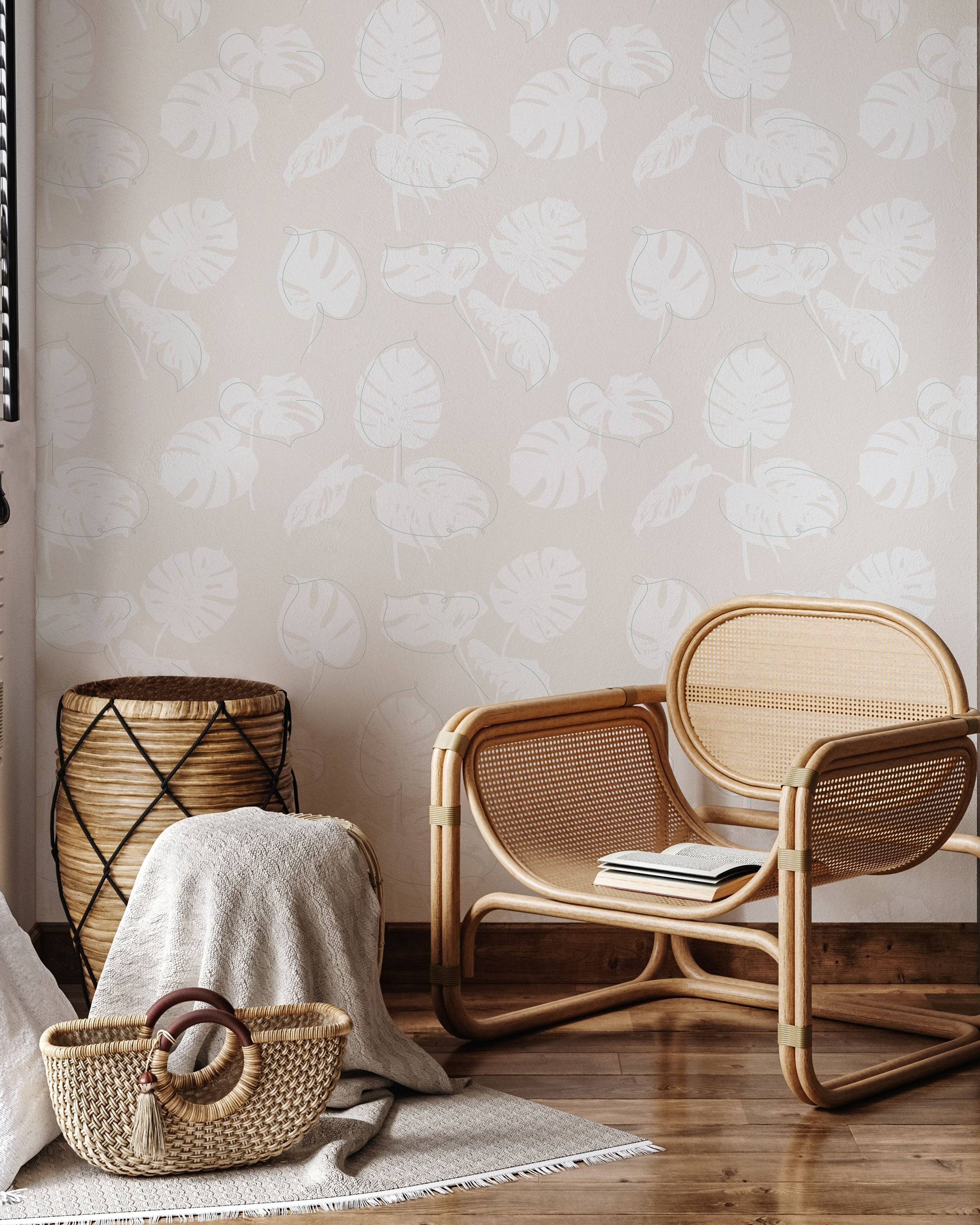 Monstera Leaves Peel and Stick Wallpaper, Removable Wallpaper, Traditional Wallpaper - Muted Beige | DeccoPrint