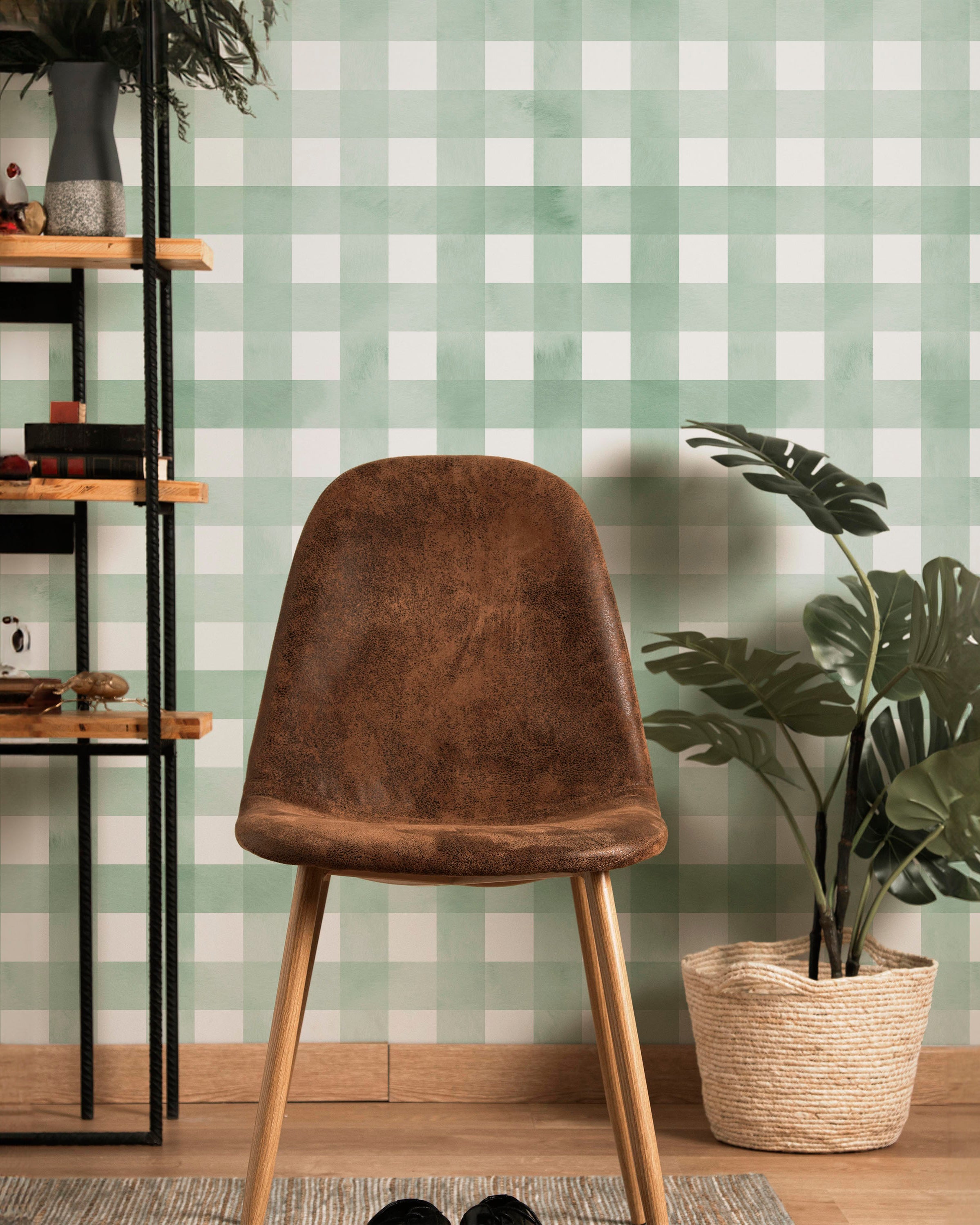 Watercolored Grid Peel and Stick Wallpaper, Removable Wallpaper, Traditional Wallpaper - Mint Green | DeccoPrint