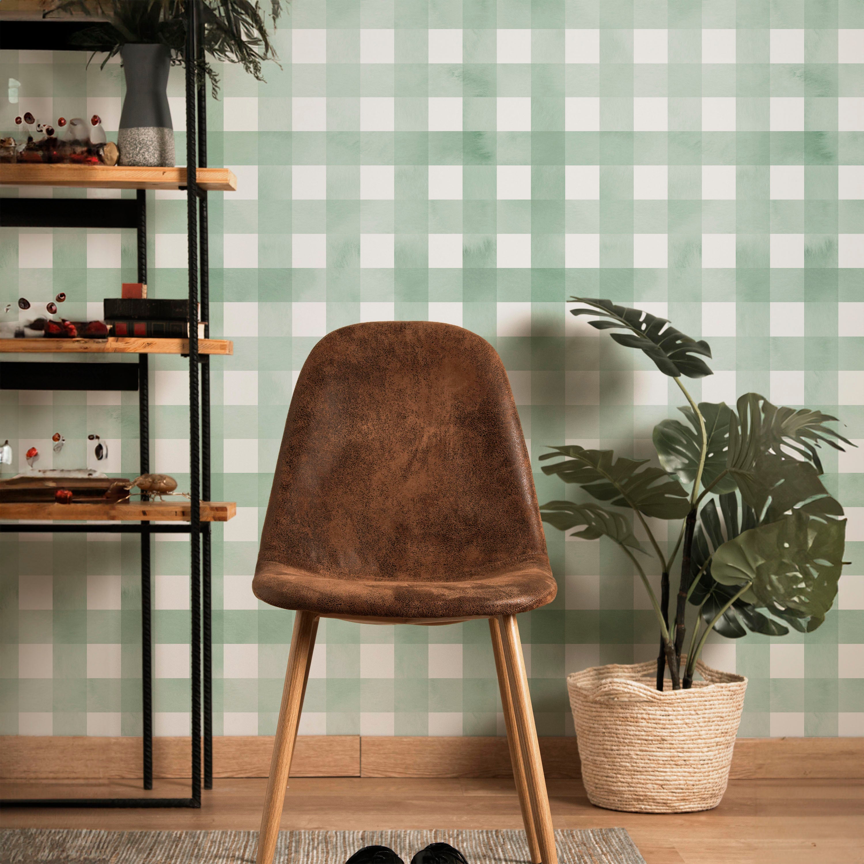 Watercolored Grid Peel and Stick Wallpaper, Removable Wallpaper, Traditional Wallpaper - Mint Green | DeccoPrint