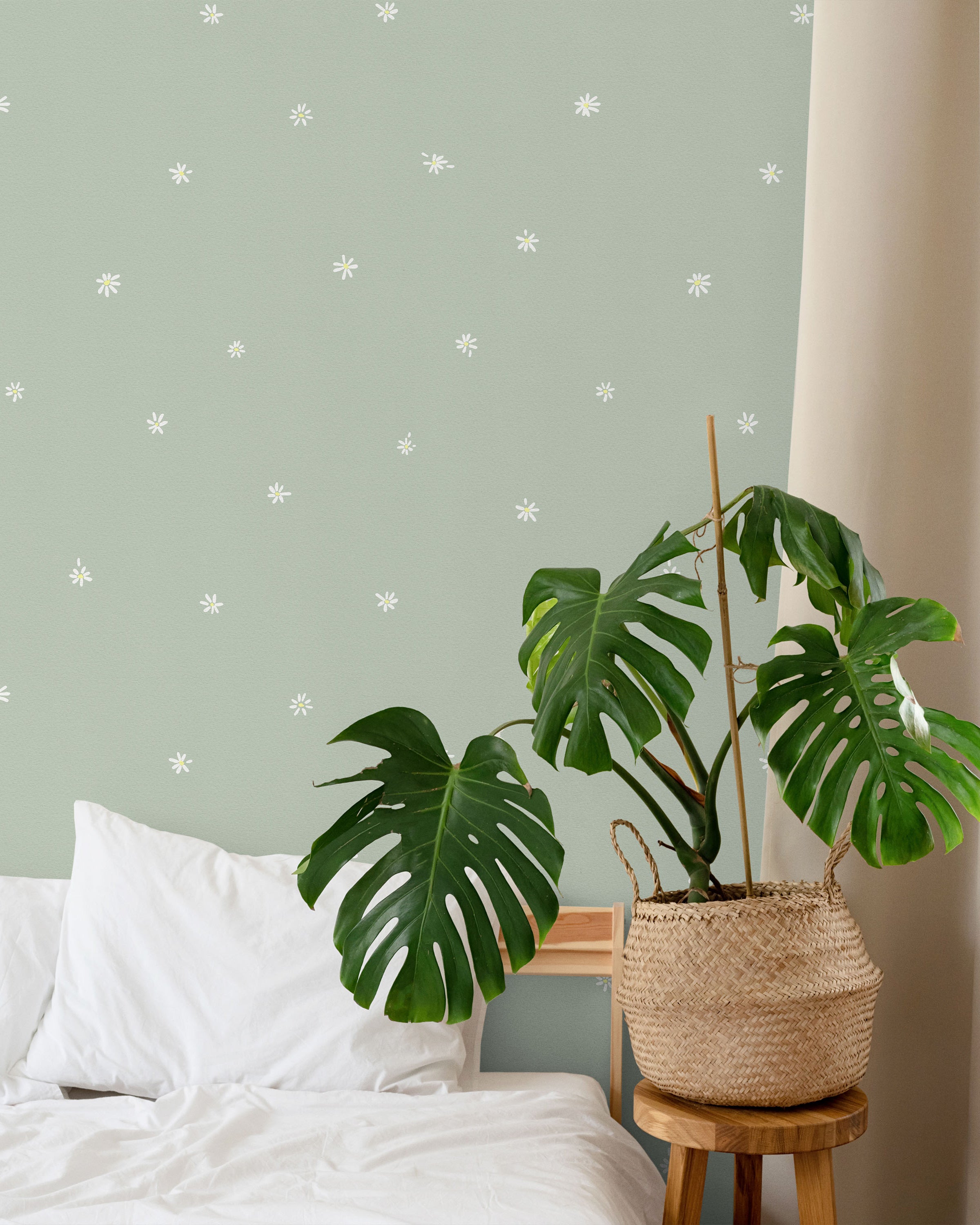 Simple Daisies Peel and Stick Wallpaper, Removable Wallpaper, Traditional Wallpaper - Sage Green | DeccoPrint