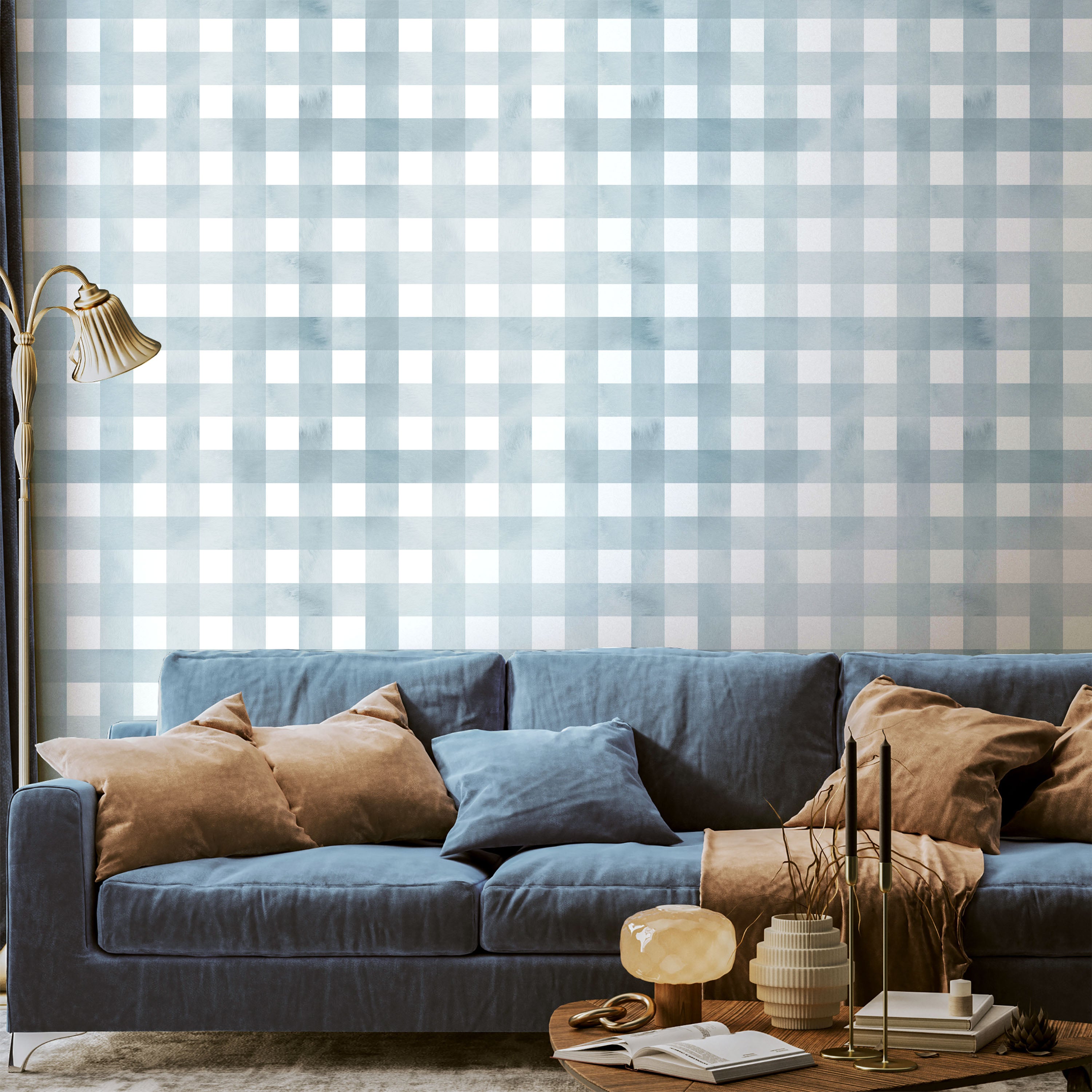 Watercolored Grid Peel and Stick Wallpaper, Removable Wallpaper, Traditional Wallpaper - Sky Blue | DeccoPrint