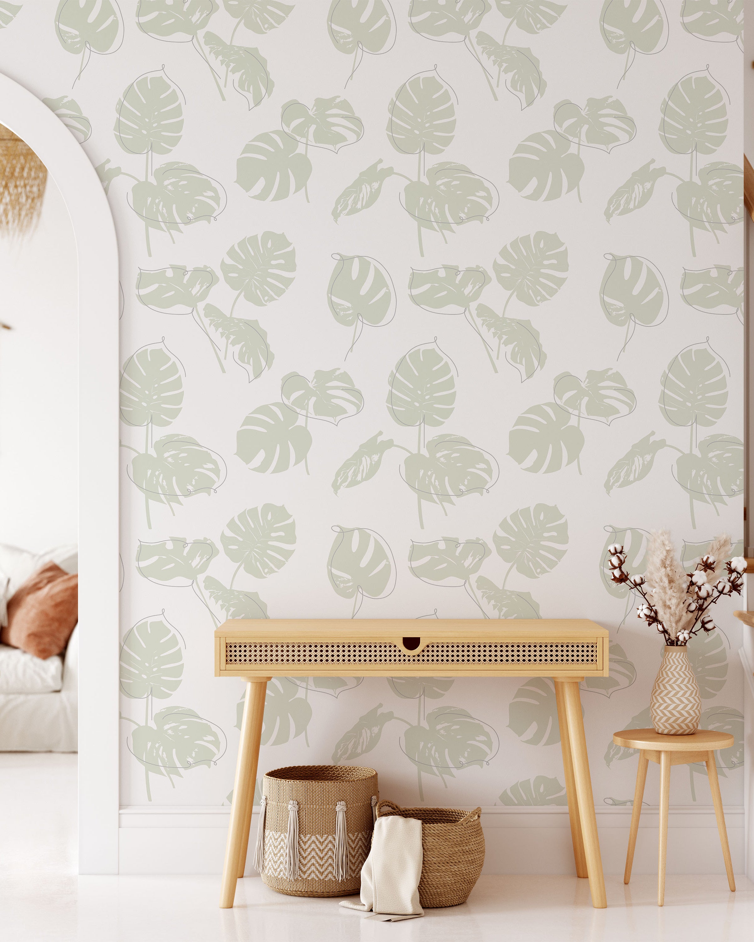 Monstera Leaves Peel and Stick Wallpaper, Removable Wallpaper, Traditional Wallpaper - Sage Green | DeccoPrint