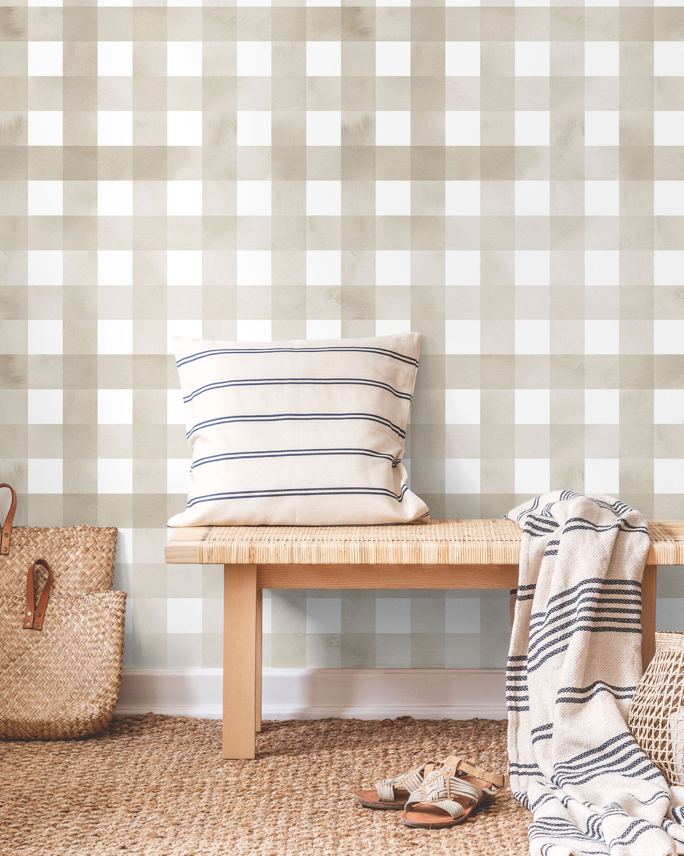 Watercolored Grid Peel and Stick Wallpaper, Removable Wallpaper, Traditional Wallpaper - Sand Beige | DeccoPrint