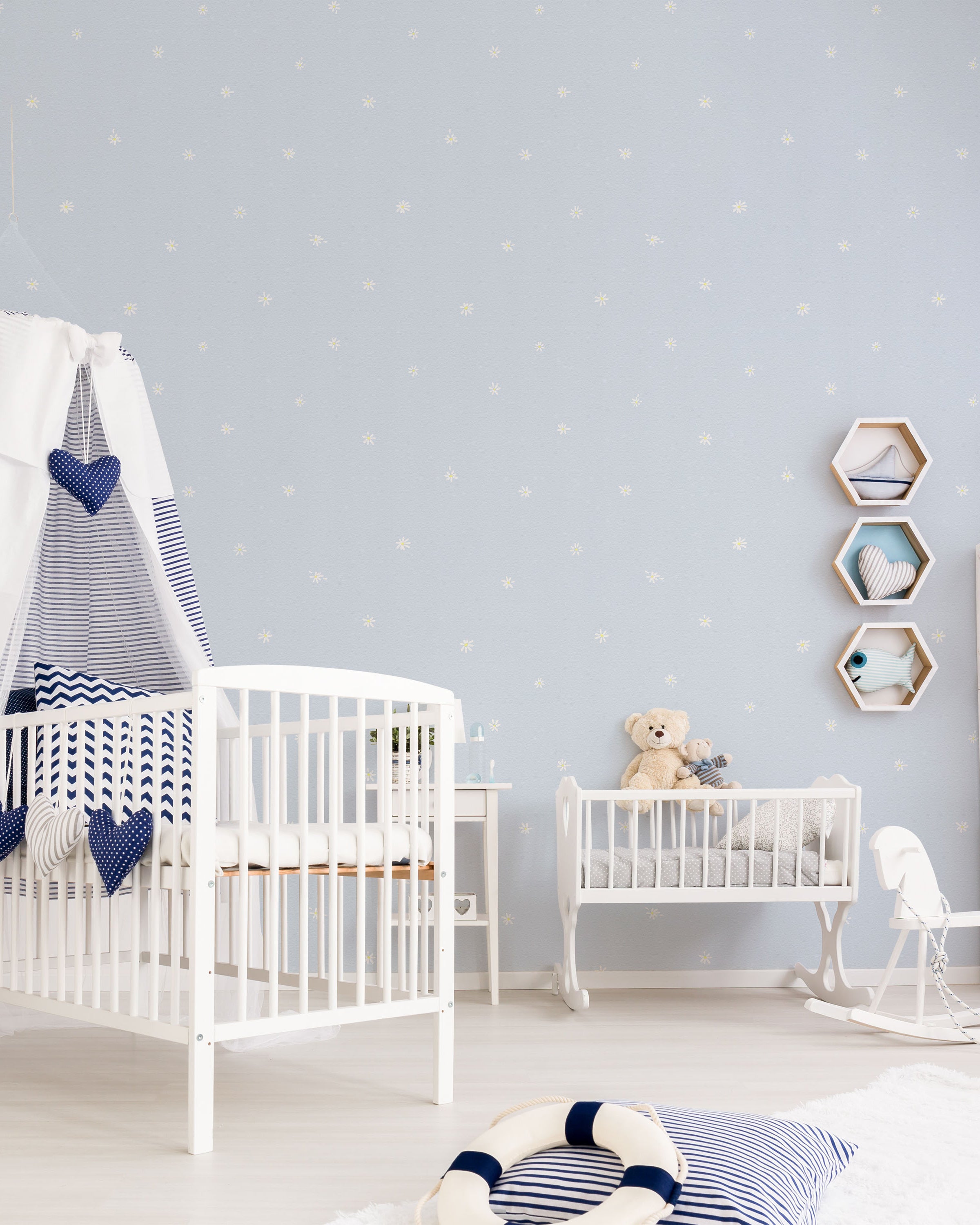 Simple Daisies Peel and Stick Wallpaper, Removable Wallpaper, Traditional Wallpaper - Sky Blue | DeccoPrint