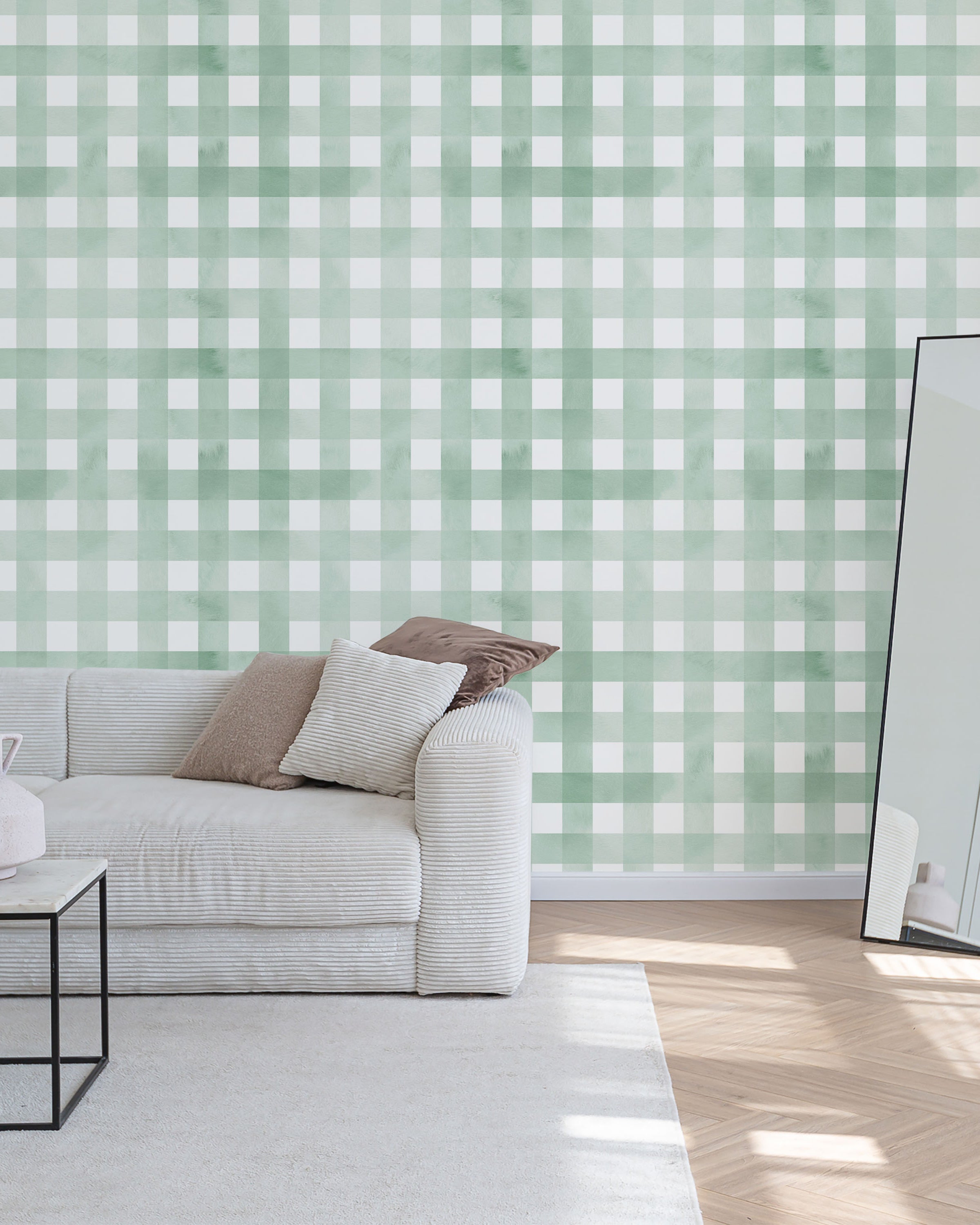 Watercolored Grid Peel and Stick Wallpaper, Removable Wallpaper, Traditional Wallpaper - Mint Green | DeccoPrint