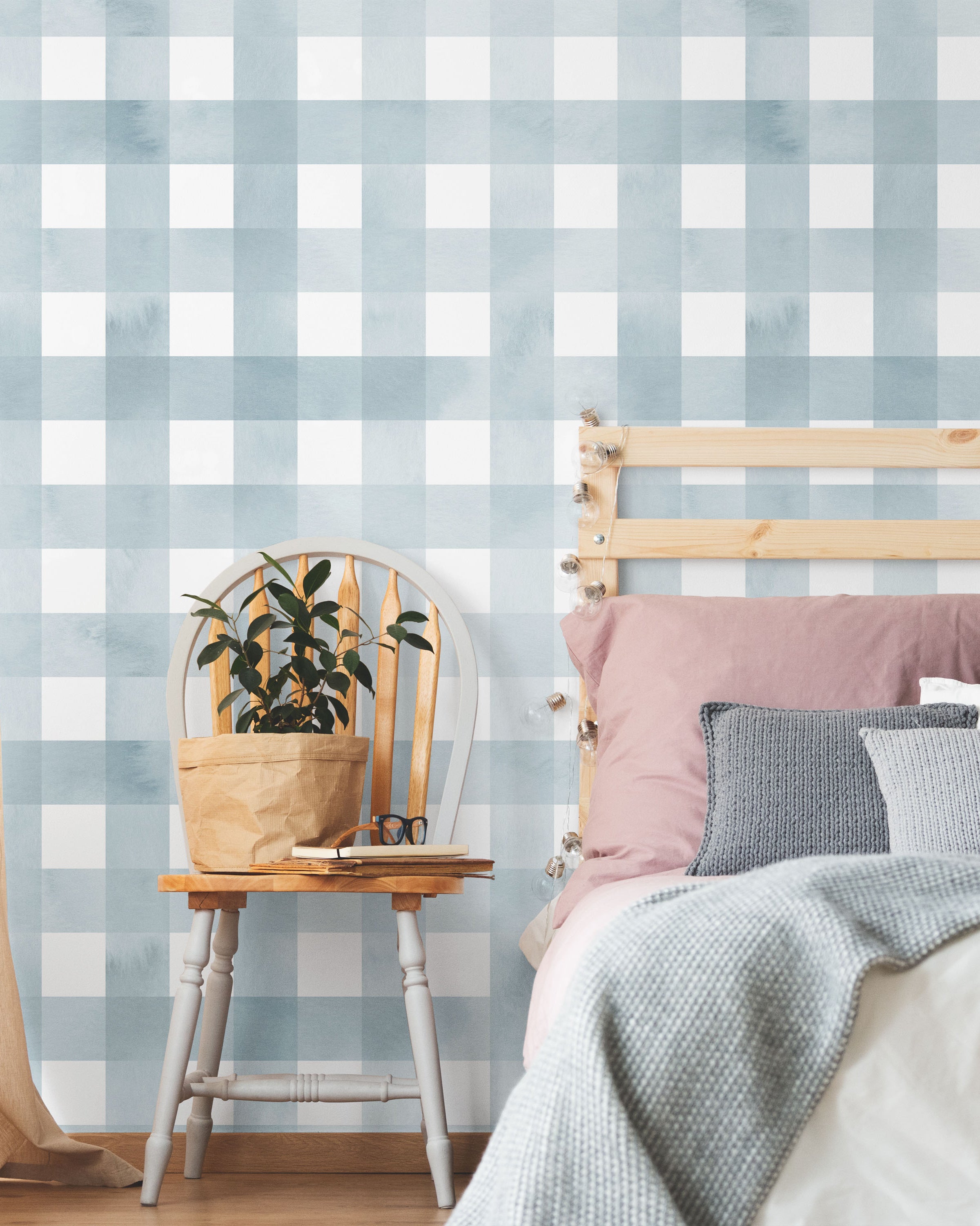 Watercolored Grid Peel and Stick Wallpaper, Removable Wallpaper, Traditional Wallpaper - Sky Blue | DeccoPrint
