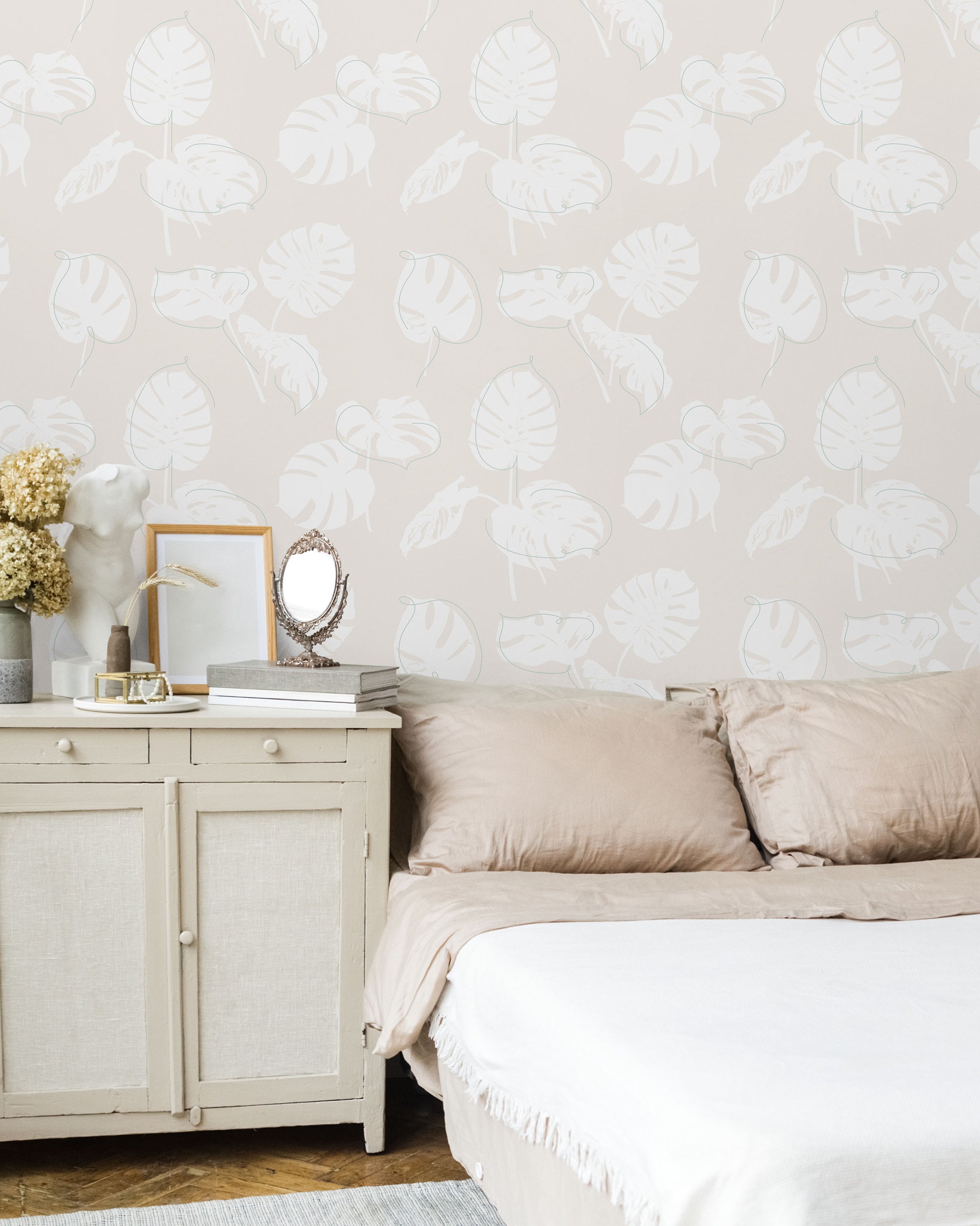 Monstera Leaves Peel and Stick Wallpaper, Removable Wallpaper, Traditional Wallpaper - Muted Beige | DeccoPrint