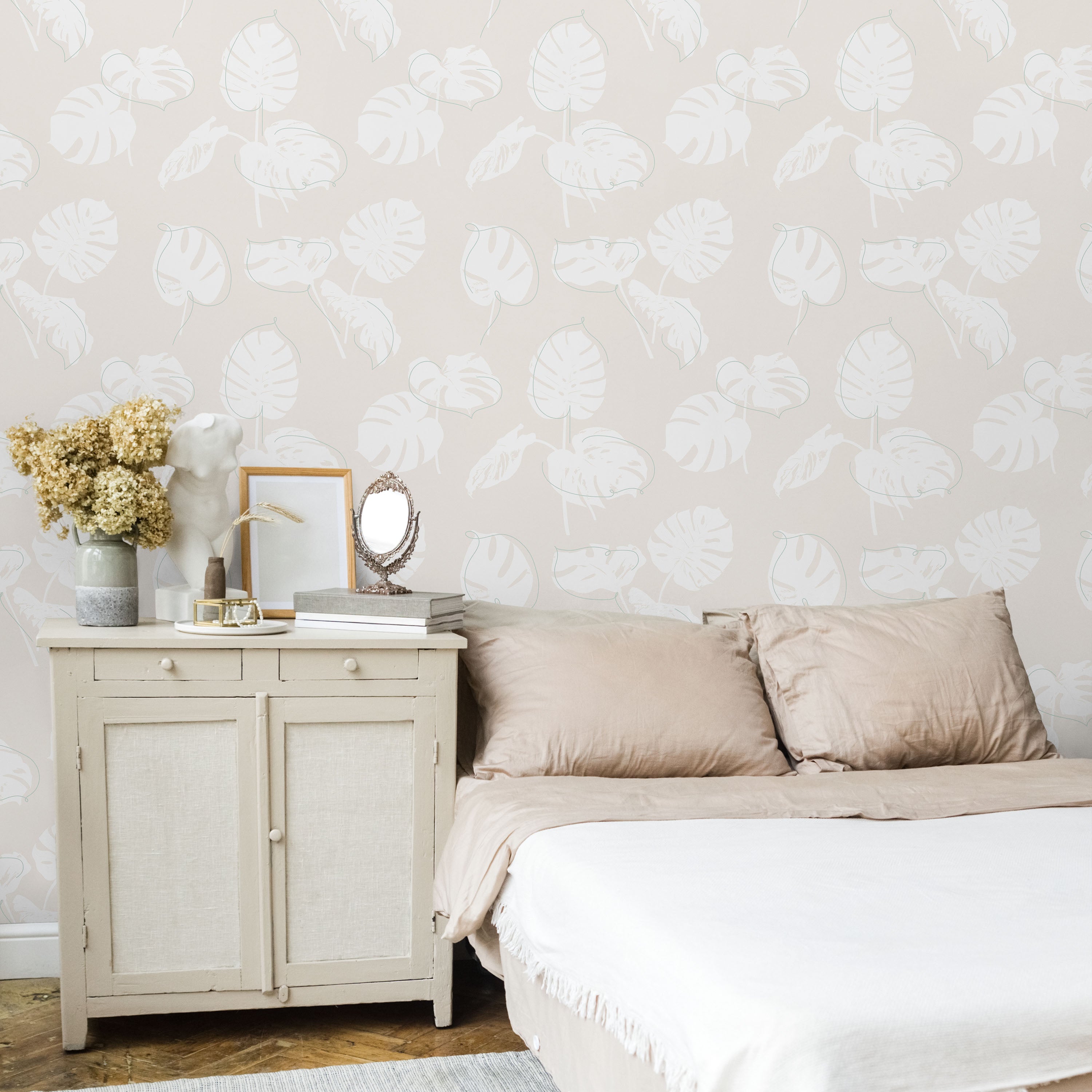 Monstera Leaves Peel and Stick Wallpaper, Removable Wallpaper, Traditional Wallpaper - Muted Beige | DeccoPrint