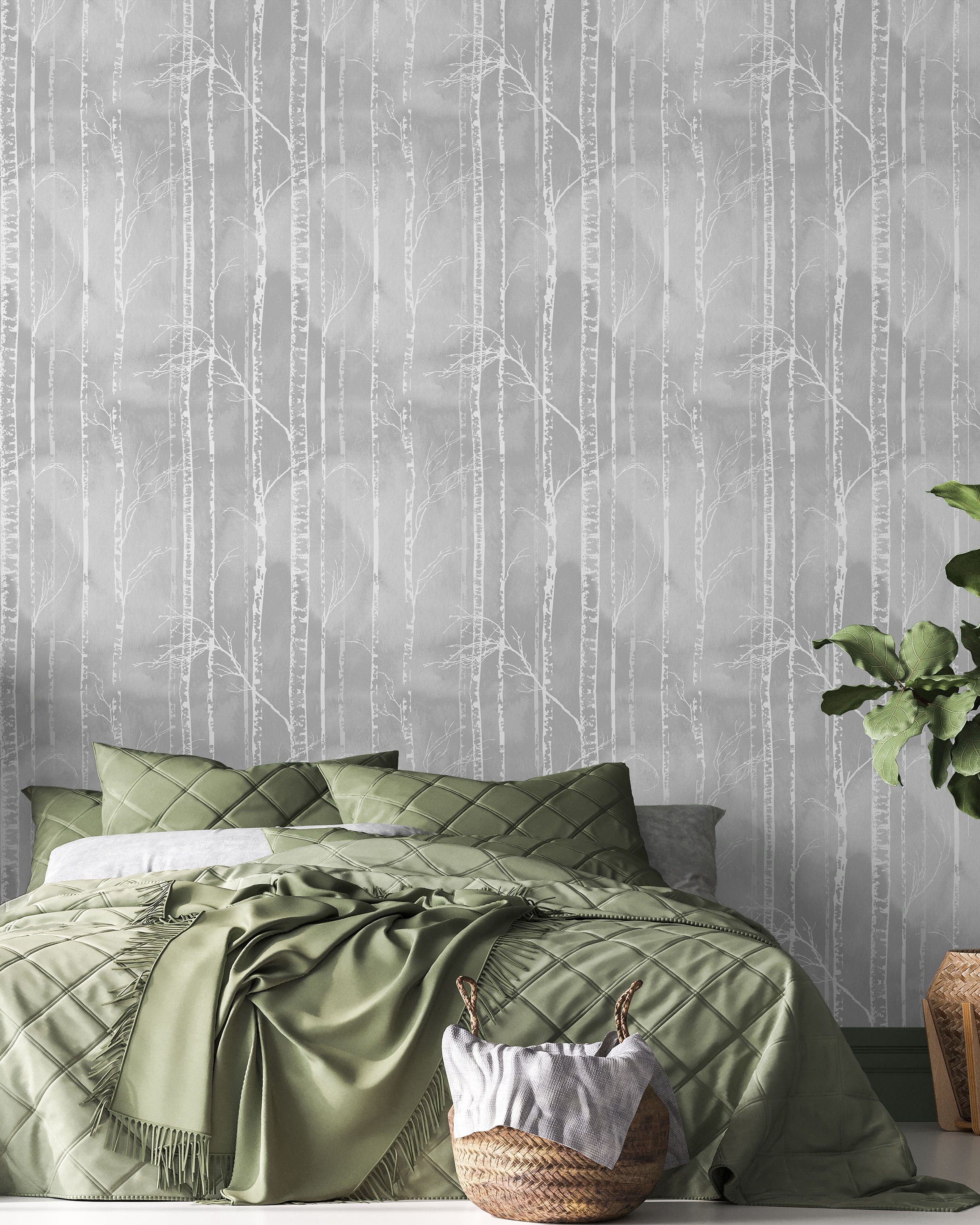 Birch Forest Peel and Stick Wallpaper, Removable Wallpaper, Traditional Wallpaper - Smoke Gray | DeccoPrint