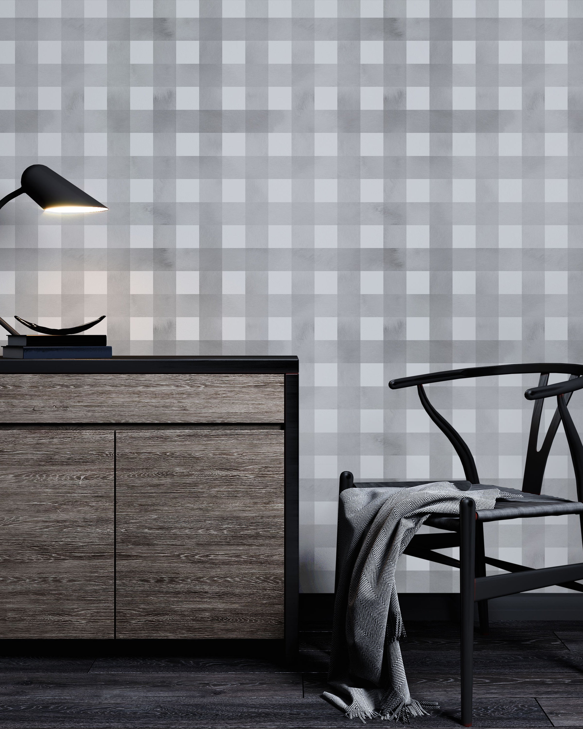 Watercolored Grid Peel and Stick Wallpaper, Removable Wallpaper, Traditional Wallpaper - Smoke Gray | DeccoPrint