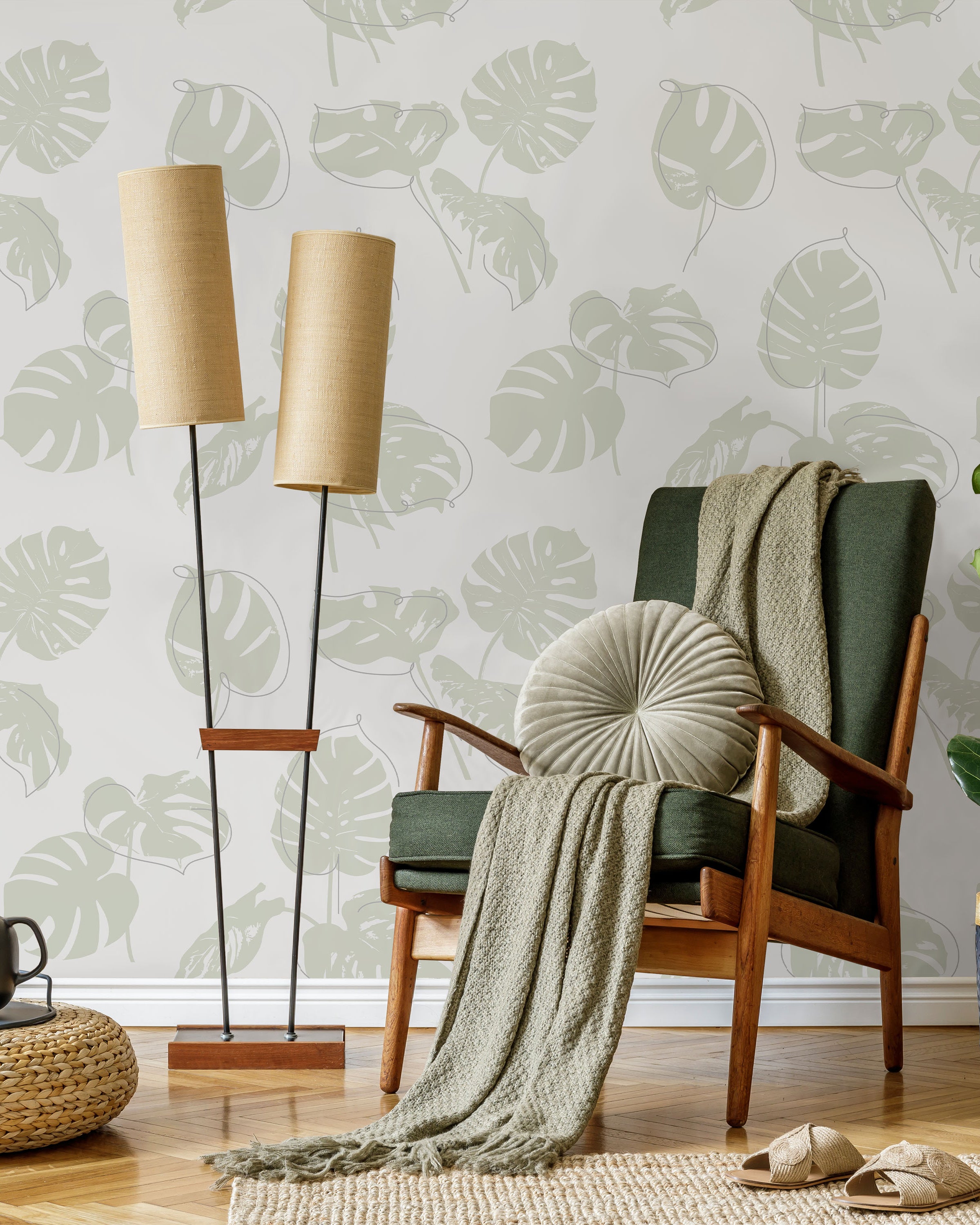 Monstera Leaves Peel and Stick Wallpaper, Removable Wallpaper, Traditional Wallpaper - Sage Green | DeccoPrint