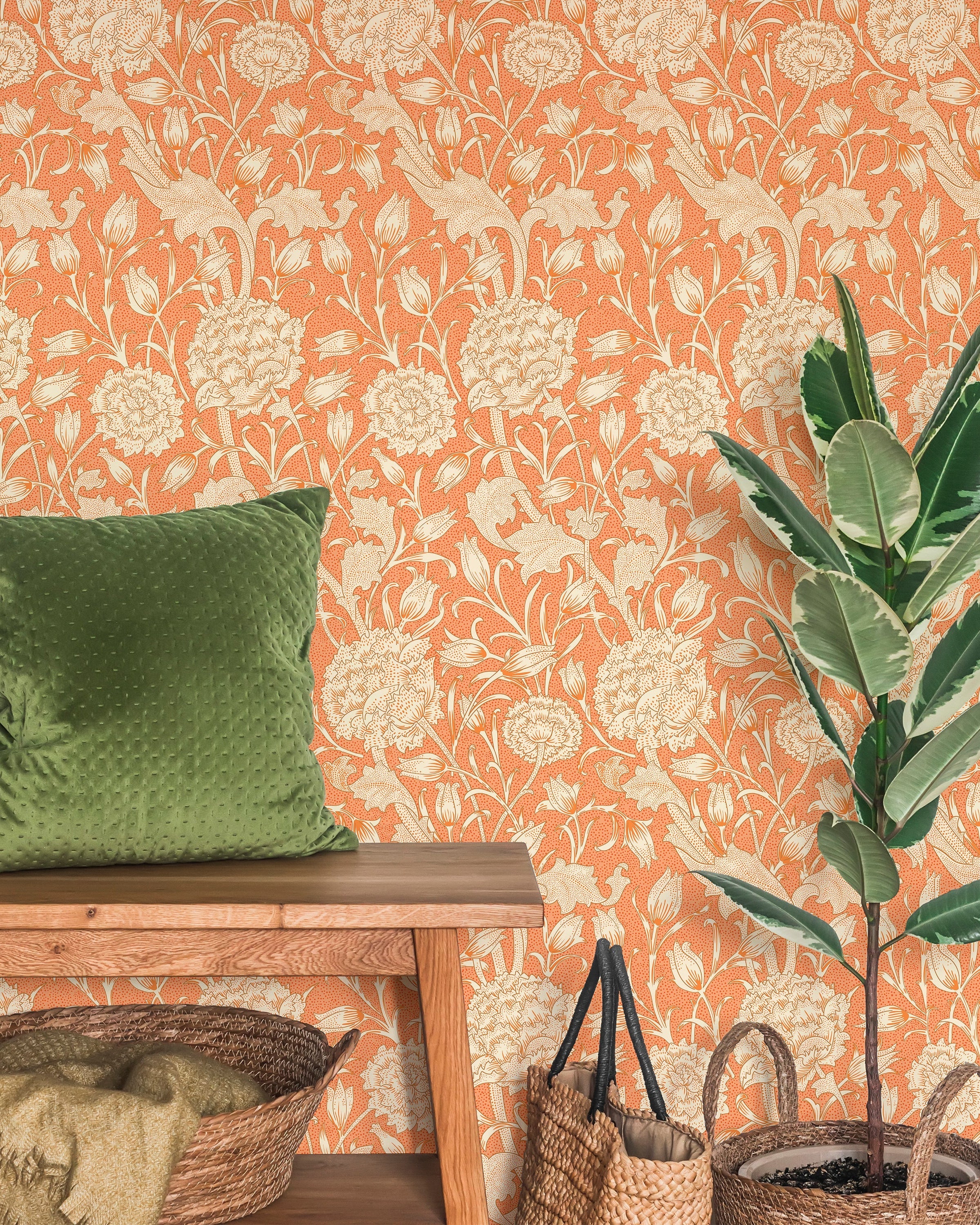 William Morris X Wild Tulips Peel and Stick Wallpaper, Removable Wallpaper, Traditional Wallpaper - Red | DeccoPrint