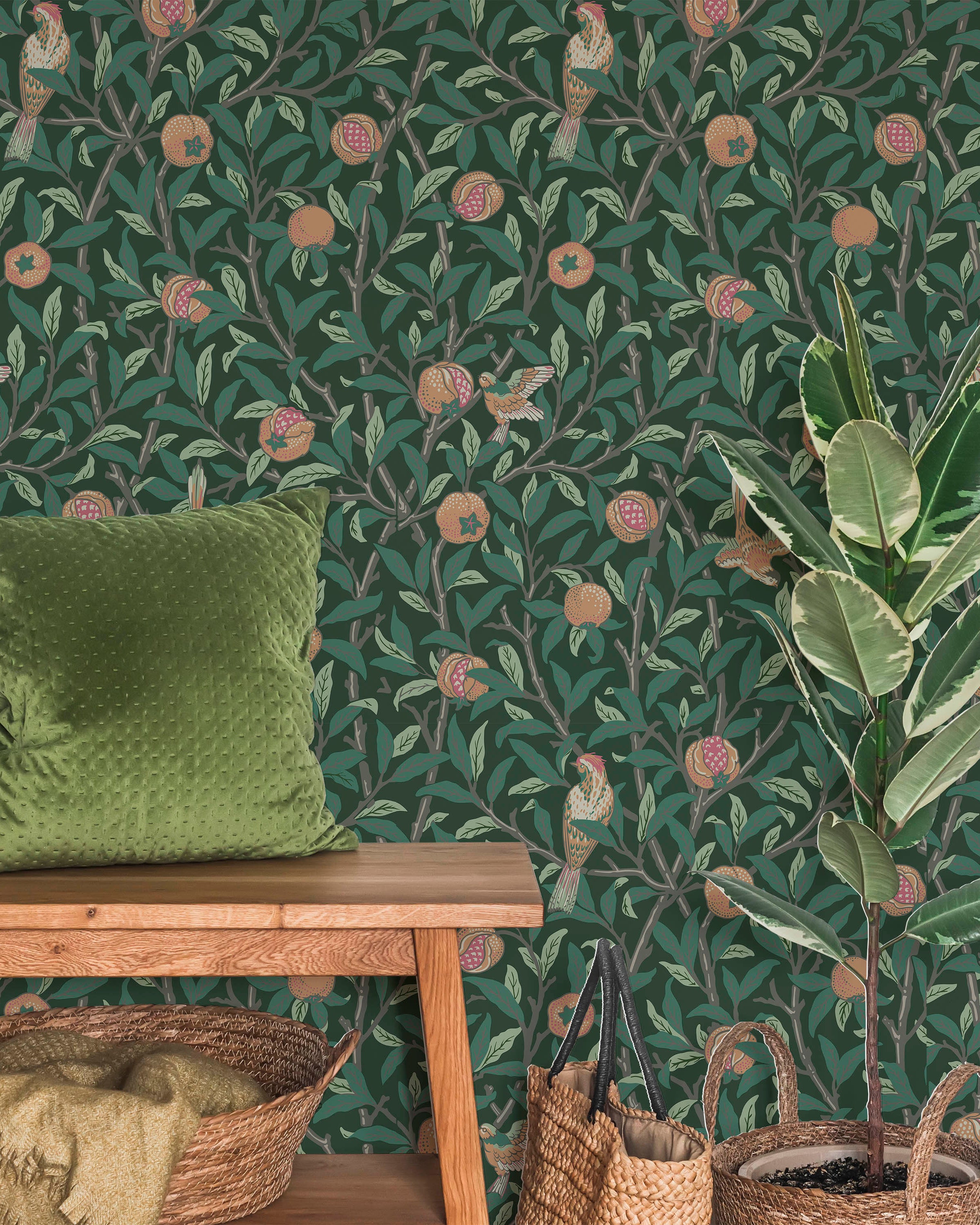 William Morris X Bird and Pomegranate Peel and Stick Wallpaper, Removable Wallpaper, Traditional Wallpaper - Green | DeccoPrint