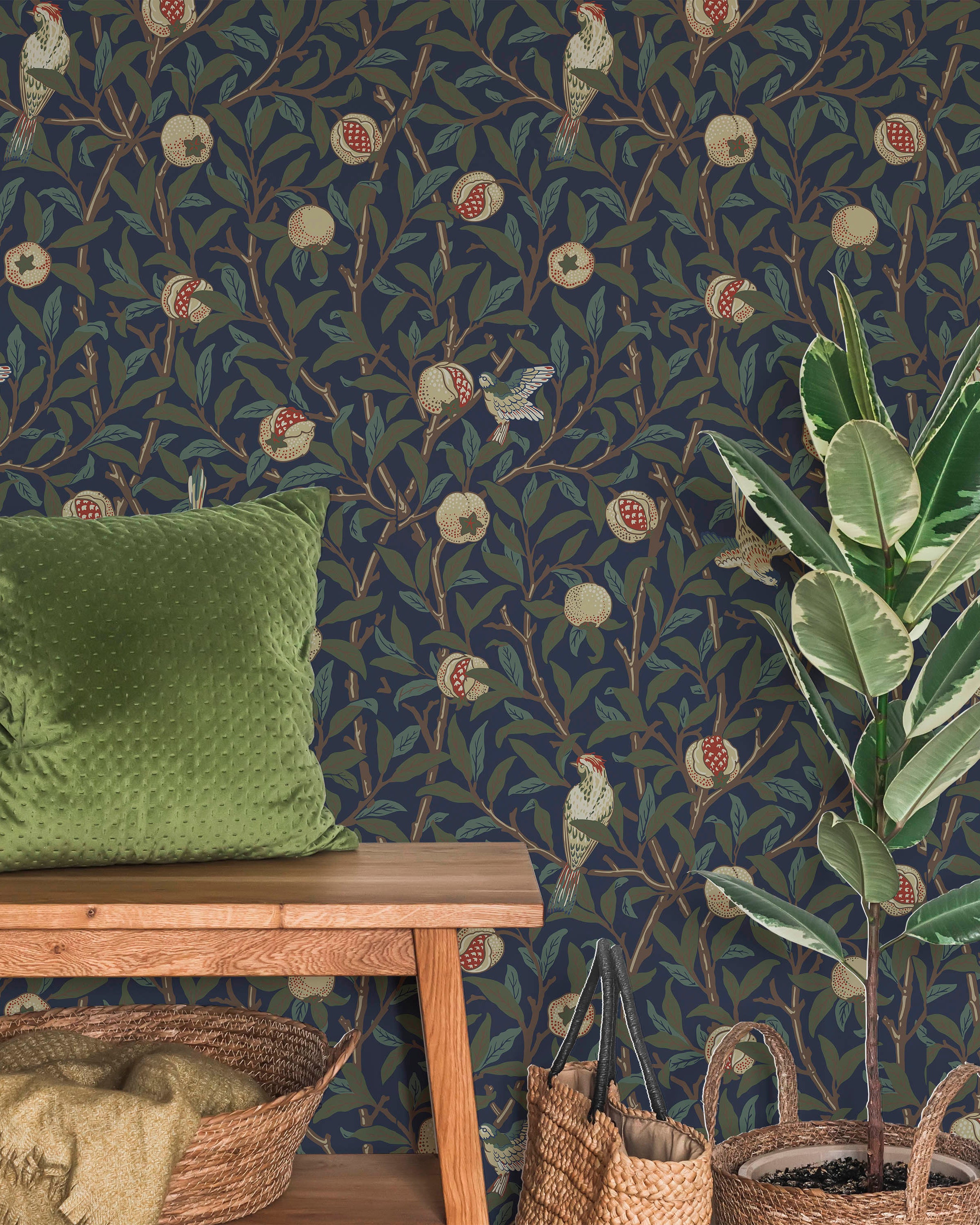 William Morris X Bird and Pomegranate Peel and Stick Wallpaper, Removable Wallpaper, Traditional Wallpaper - Blue | DeccoPrint