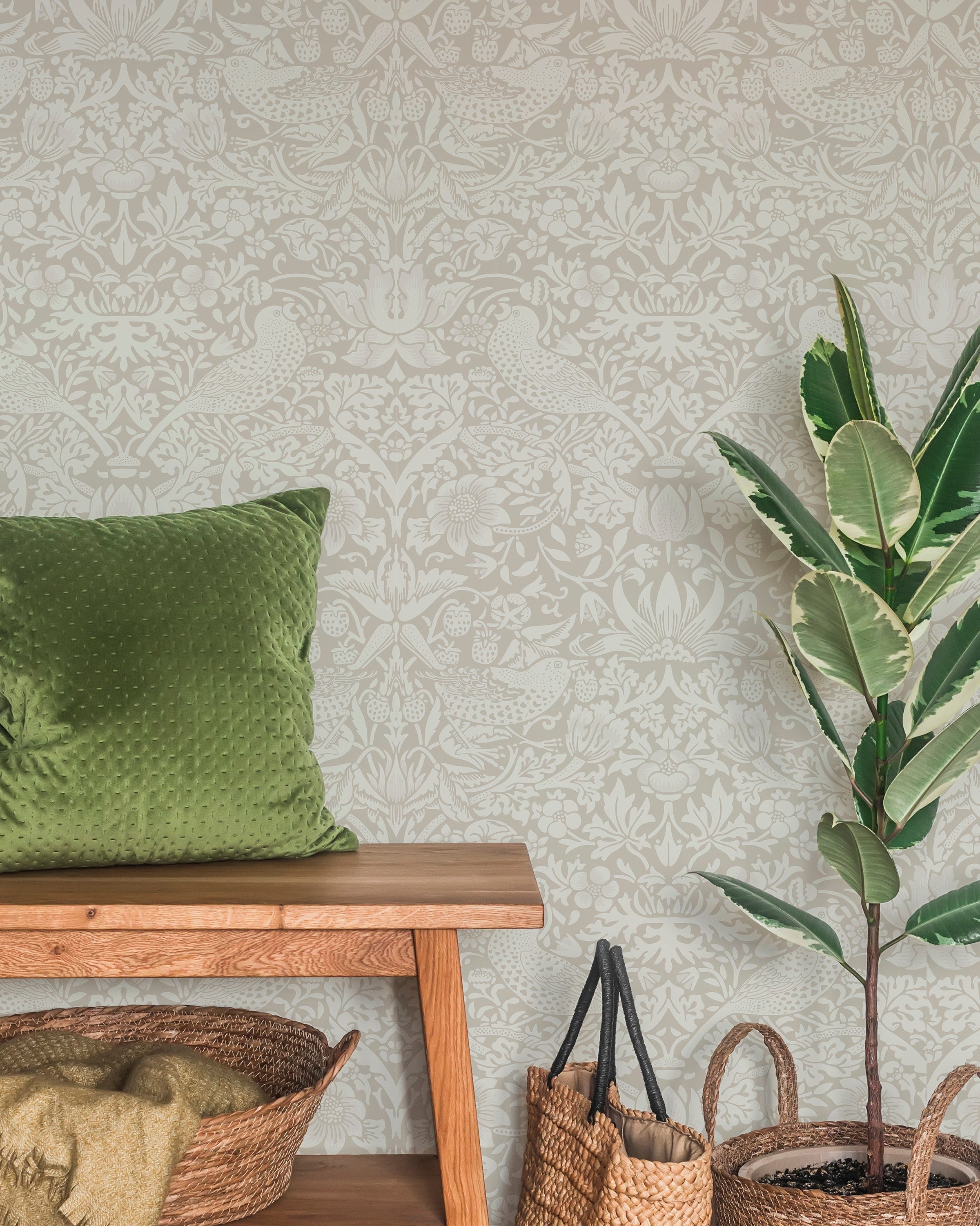 William Morris X Strawberry Thief Peel and Stick Wallpaper, Removable Wallpaper, Traditional Wallpaper - Beige | DeccoPrint