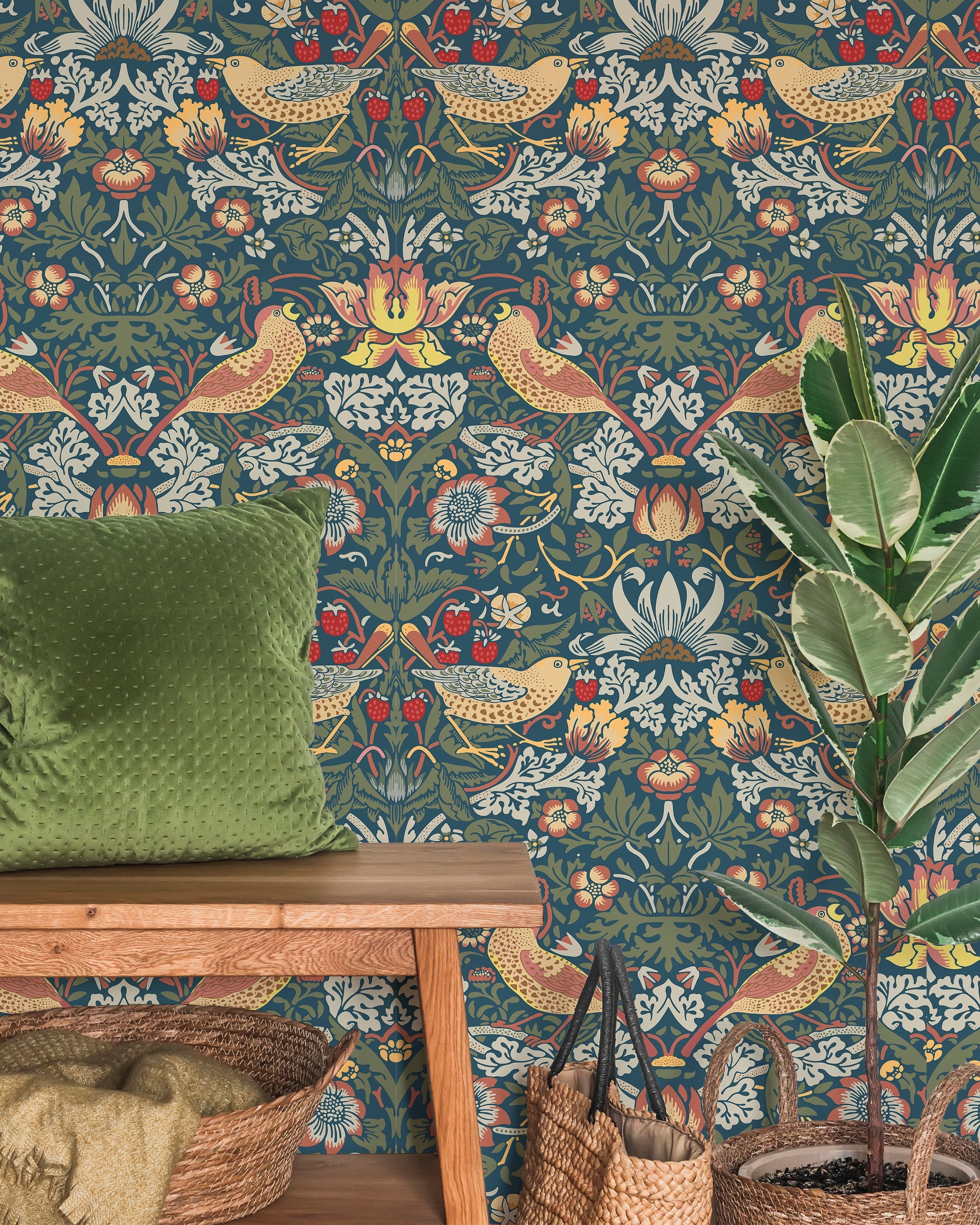 William Morris X Strawberry Thief Peel and Stick Wallpaper, Removable Wallpaper, Traditional Wallpaper - Sage | DeccoPrint