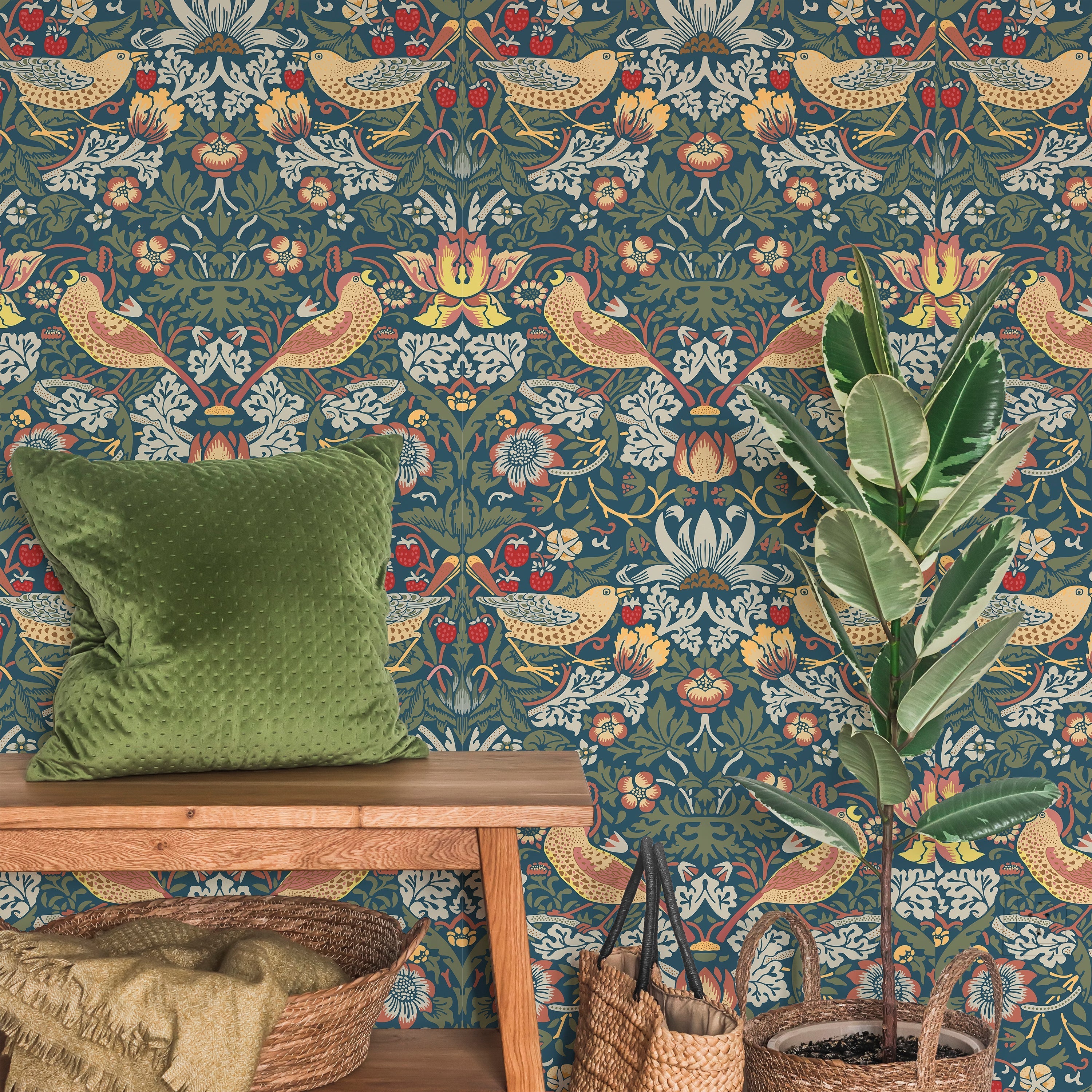 William Morris X Strawberry Thief Peel and Stick Wallpaper, Removable Wallpaper, Traditional Wallpaper - Sage | DeccoPrint