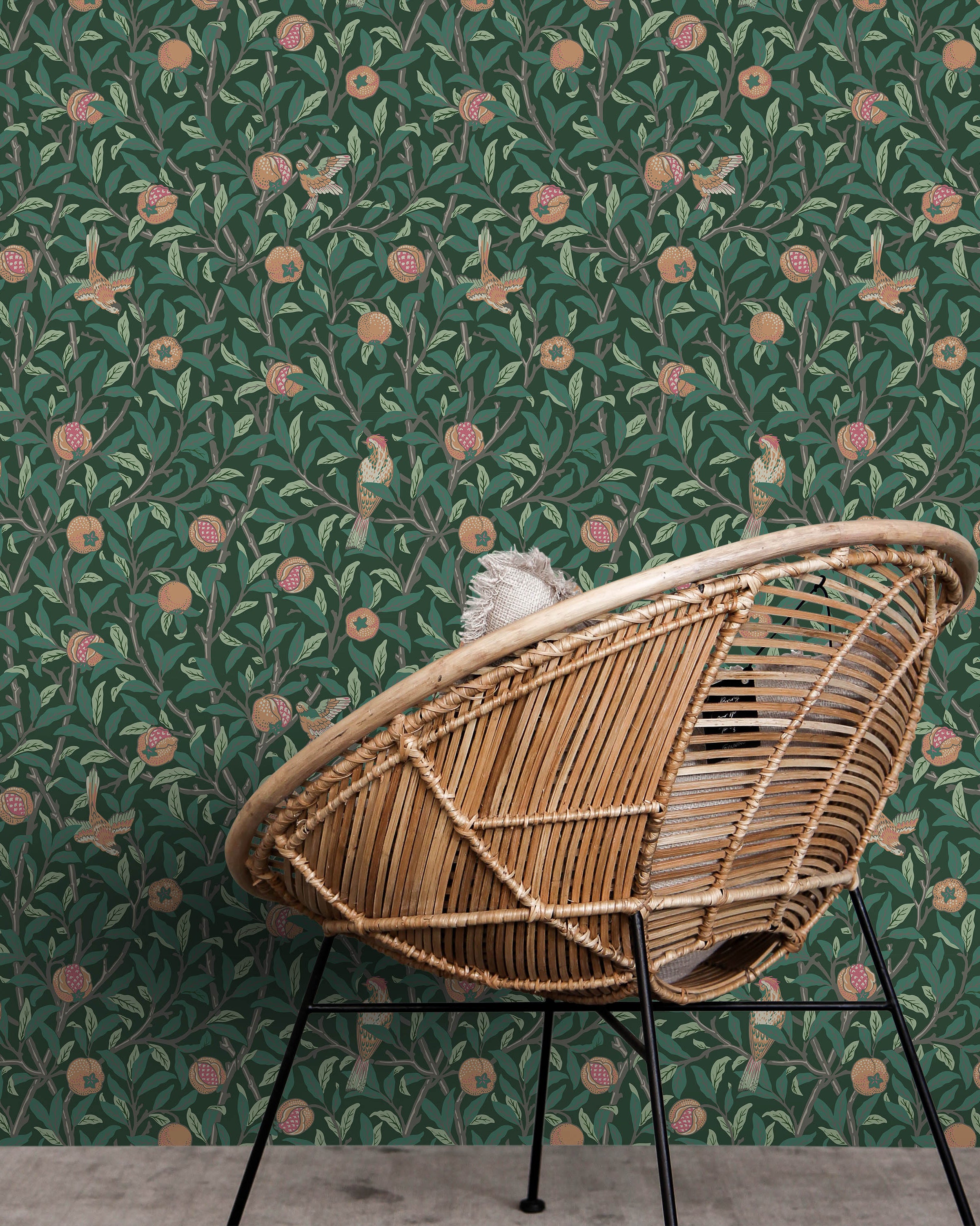 William Morris X Bird and Pomegranate Peel and Stick Wallpaper, Removable Wallpaper, Traditional Wallpaper - Green | DeccoPrint