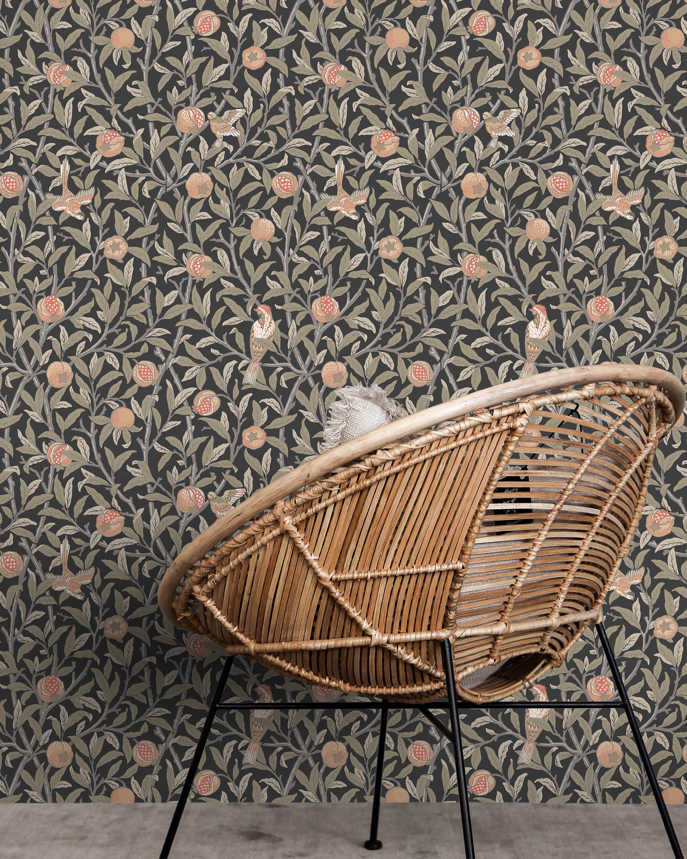 William Morris X Bird and Pomegranate Peel and Stick Wallpaper, Removable Wallpaper, Traditional Wallpaper - Charcoal | DeccoPrint