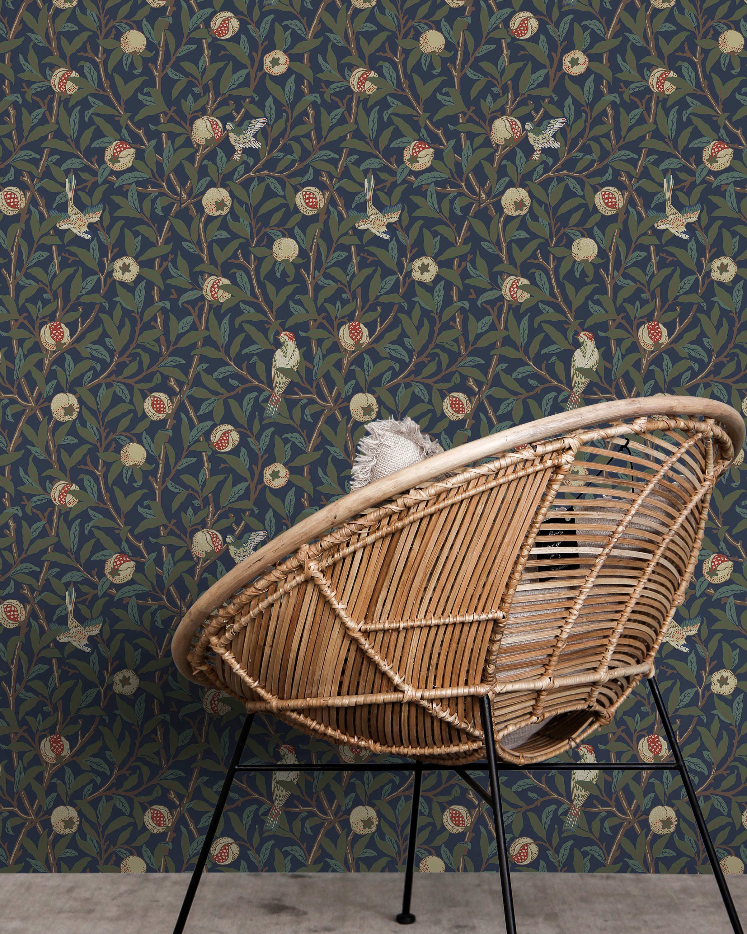 William Morris X Bird and Pomegranate Peel and Stick Wallpaper, Removable Wallpaper, Traditional Wallpaper - Blue | DeccoPrint