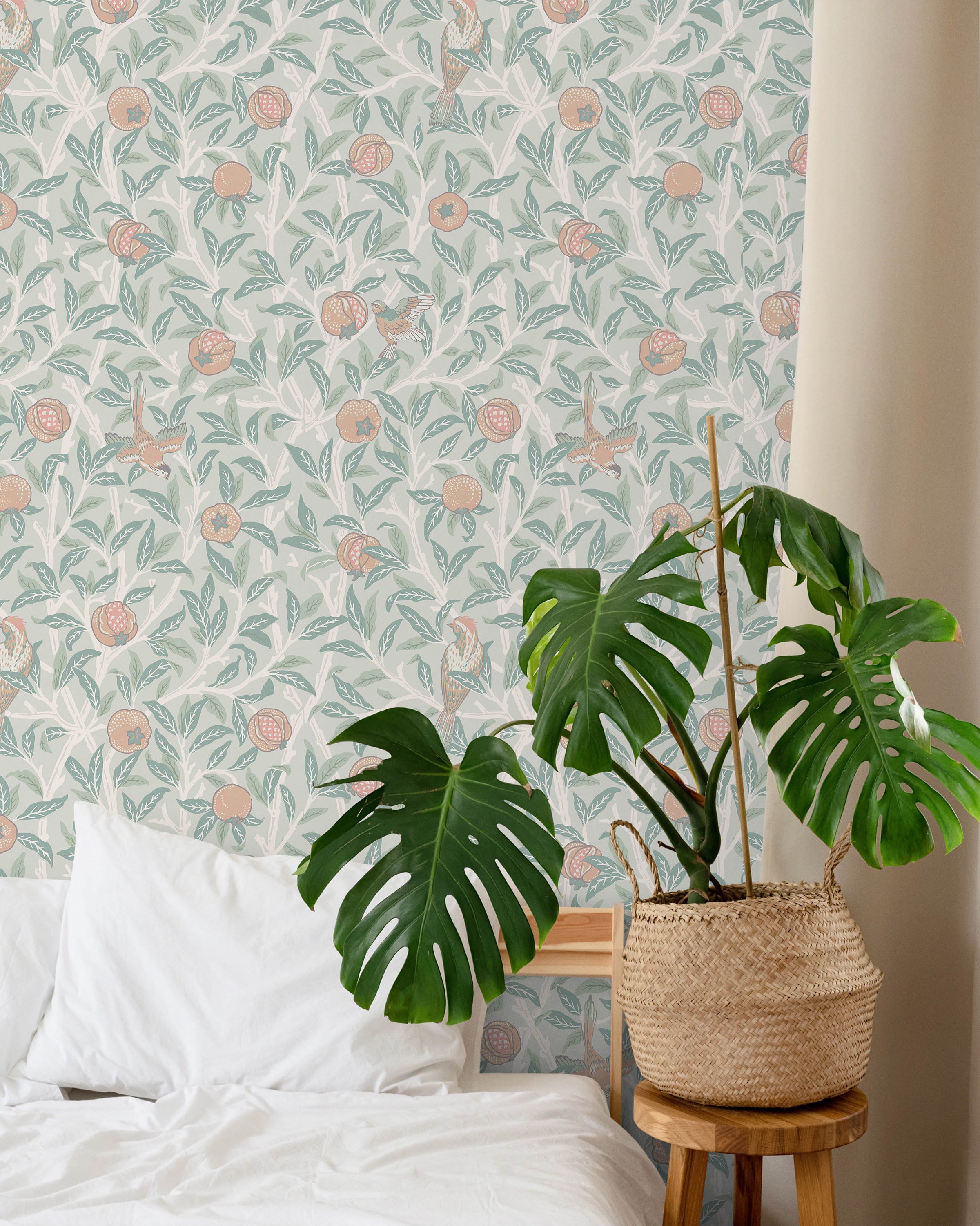 William Morris X Bird and Pomegranate Peel and Stick Wallpaper, Removable Wallpaper, Traditional Wallpaper - Ivory | DeccoPrint