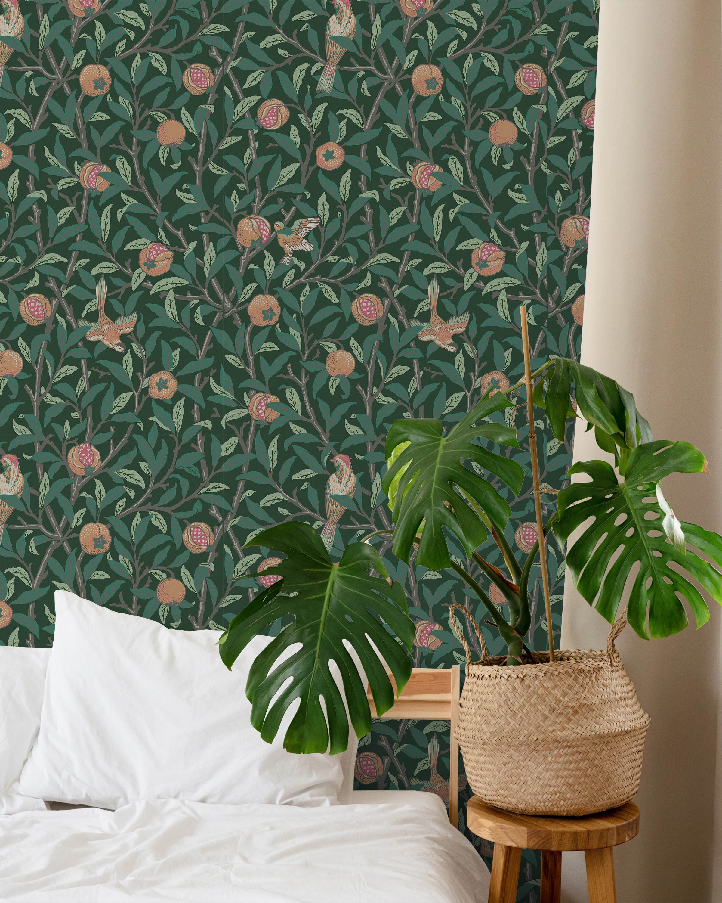 William Morris X Bird and Pomegranate Peel and Stick Wallpaper, Removable Wallpaper, Traditional Wallpaper - Green | DeccoPrint