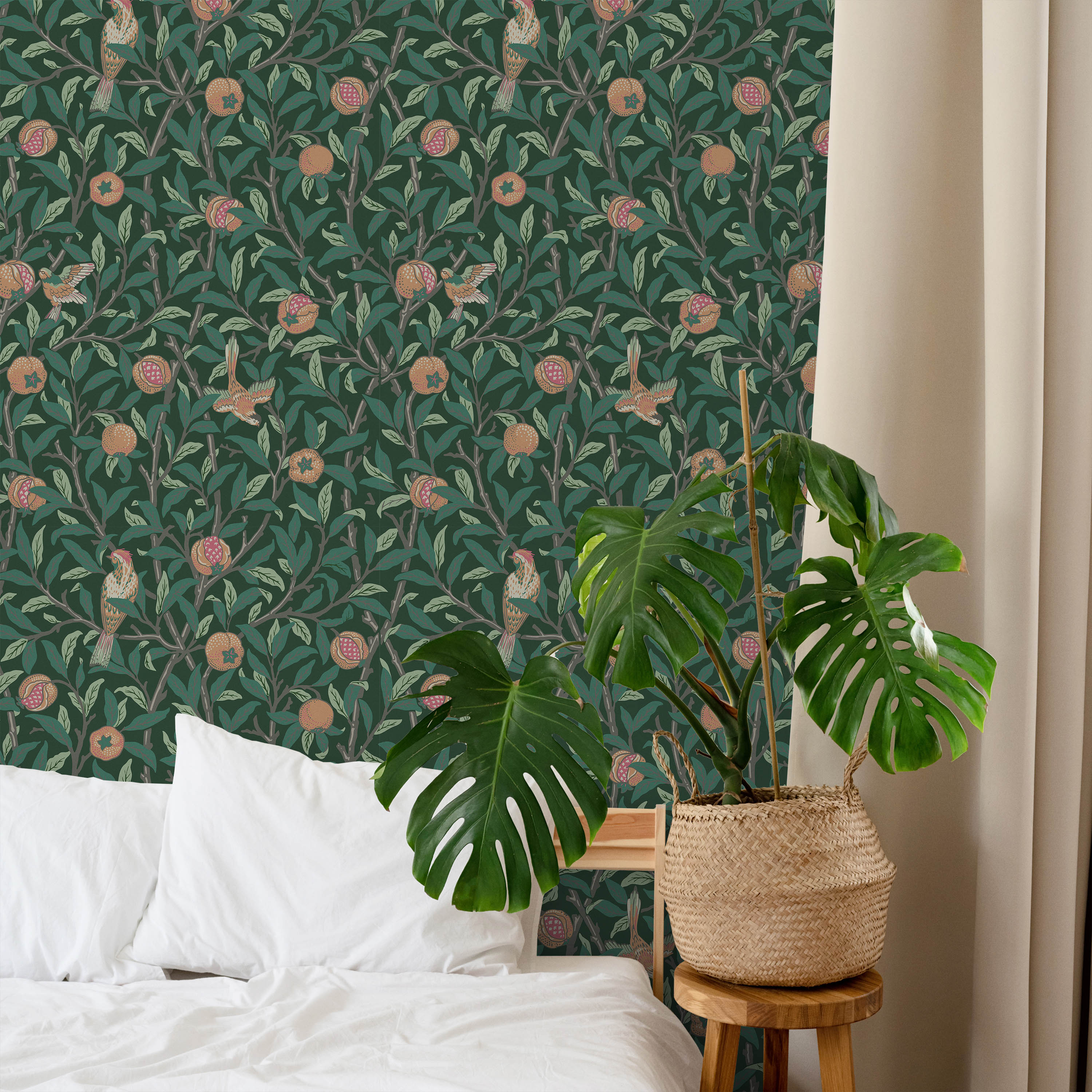 William Morris X Bird and Pomegranate Peel and Stick Wallpaper, Removable Wallpaper, Traditional Wallpaper - Green | DeccoPrint