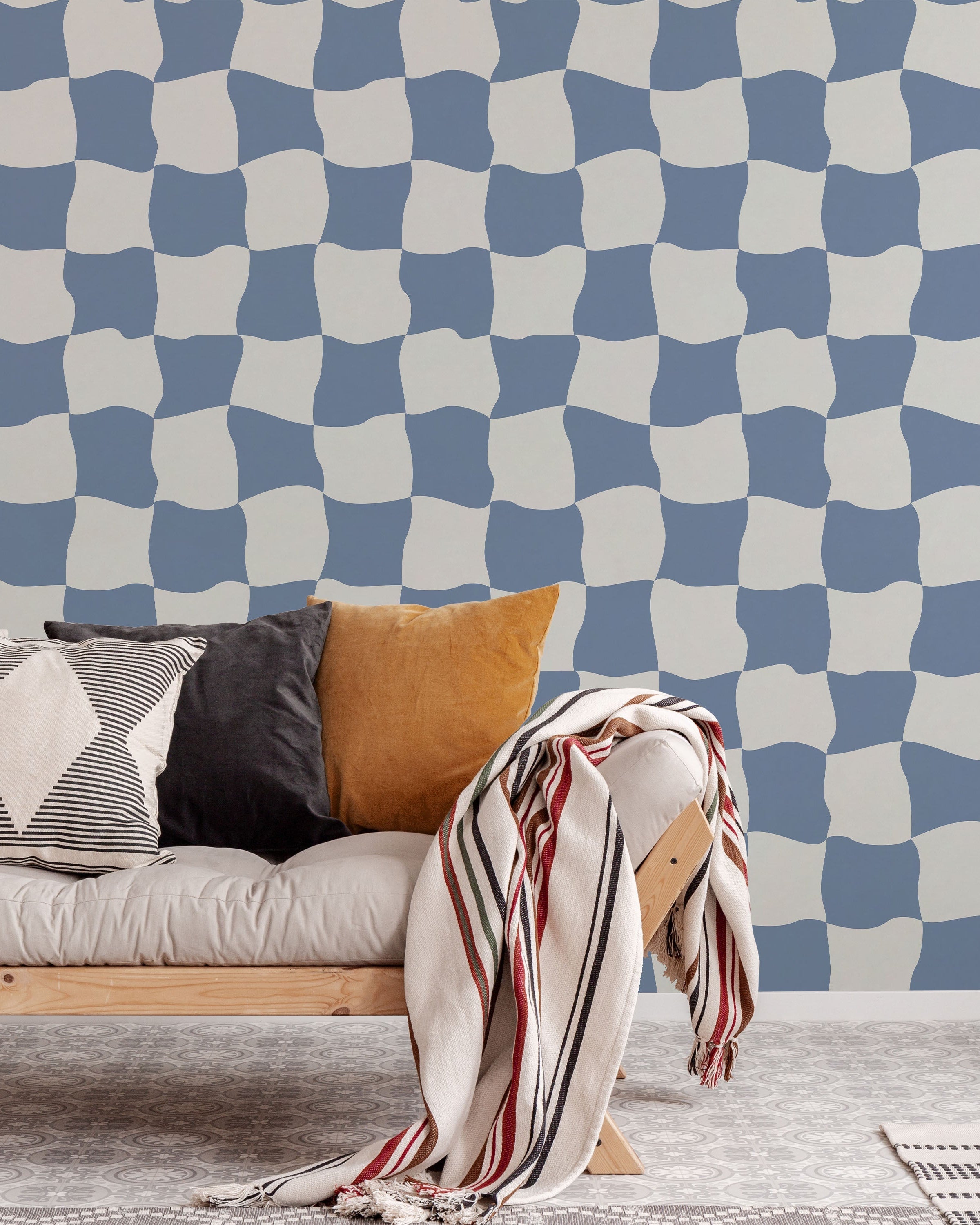 Wavy Squares Peel and Stick Wallpaper, Removable Wallpaper, Traditional Wallpaper - Blue | DeccoPrint