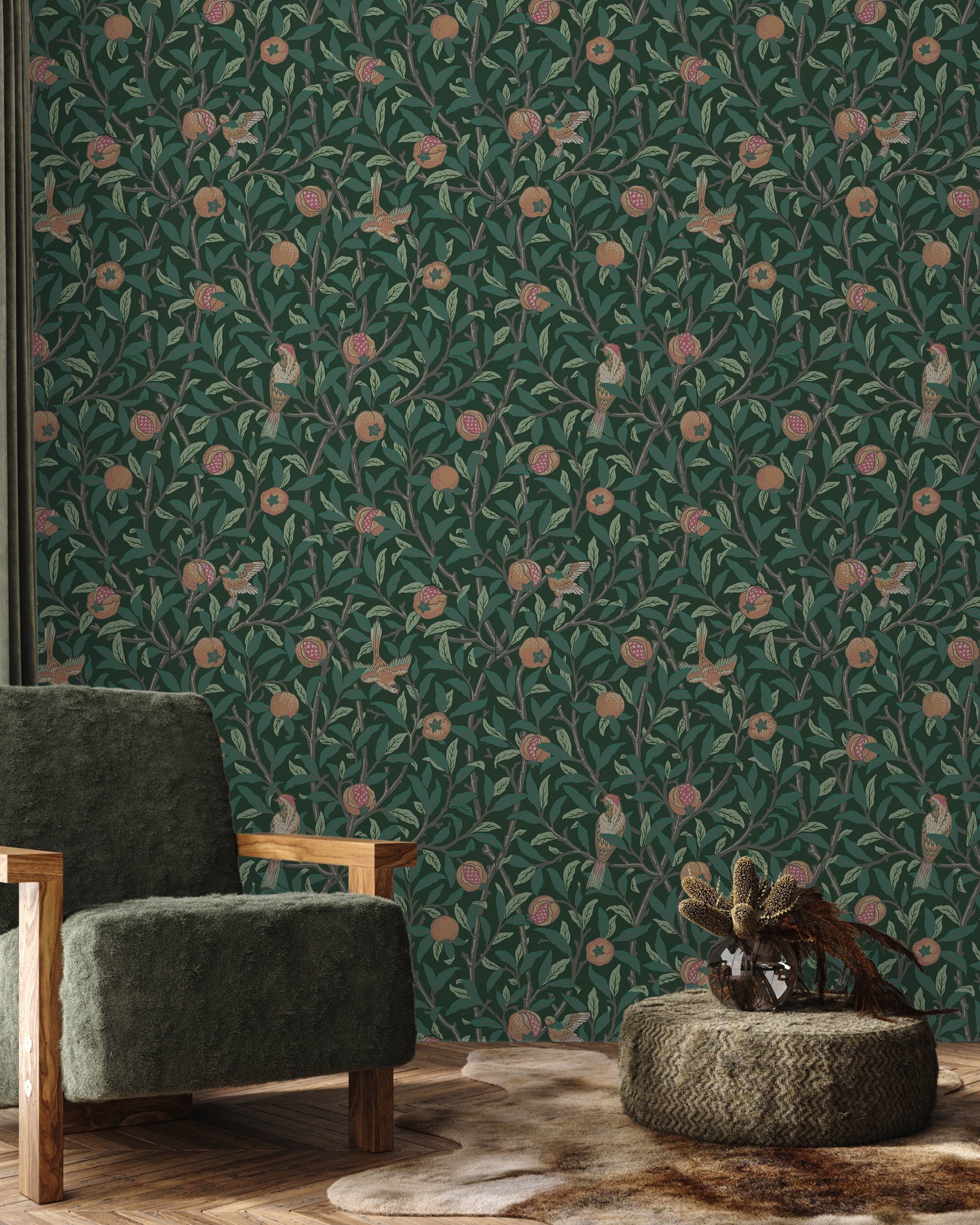 William Morris X Bird and Pomegranate Peel and Stick Wallpaper, Removable Wallpaper, Traditional Wallpaper - Green | DeccoPrint