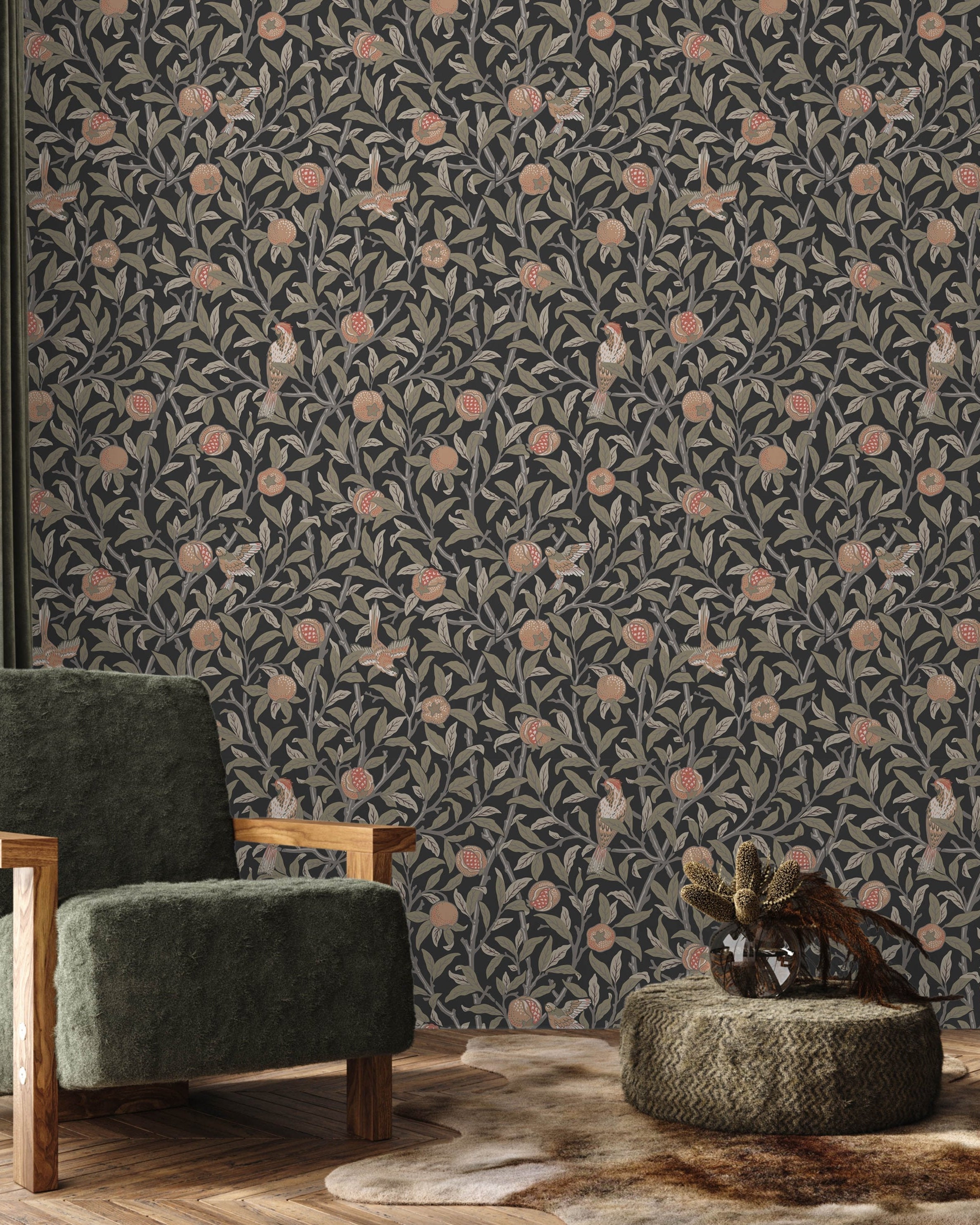 William Morris X Bird and Pomegranate Peel and Stick Wallpaper, Removable Wallpaper, Traditional Wallpaper - Charcoal | DeccoPrint