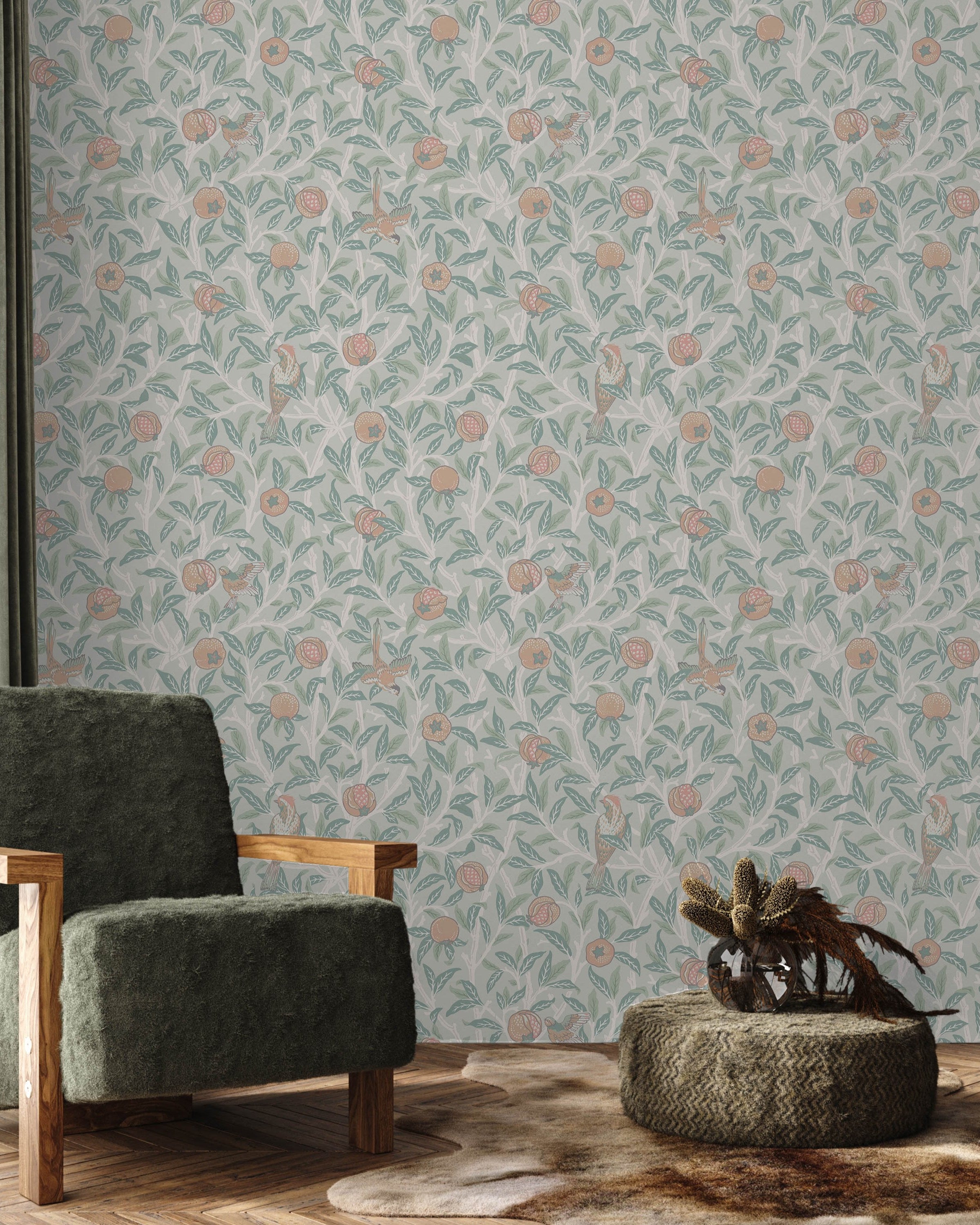 William Morris X Bird and Pomegranate Peel and Stick Wallpaper, Removable Wallpaper, Traditional Wallpaper - Ivory | DeccoPrint