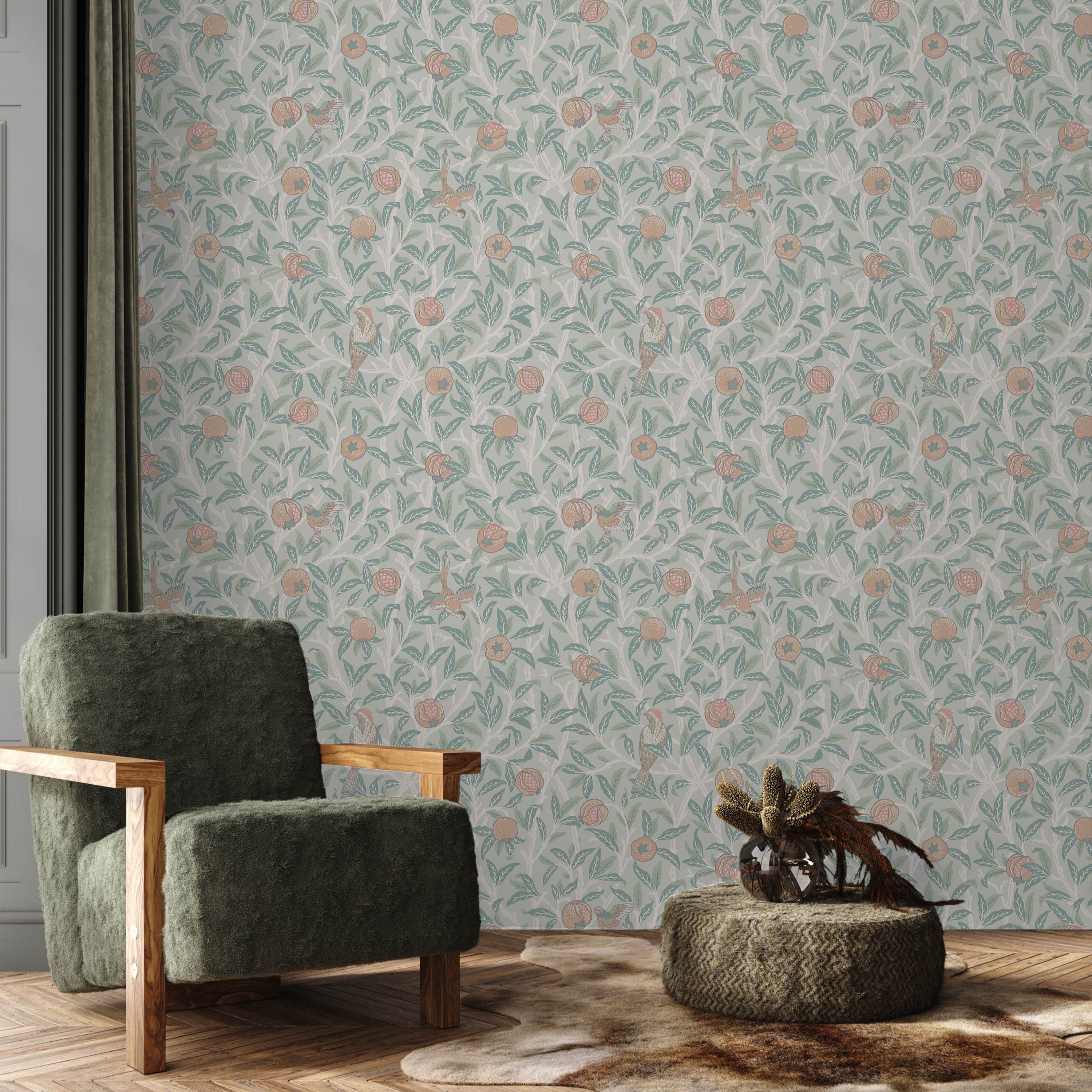 William Morris X Bird and Pomegranate Peel and Stick Wallpaper, Removable Wallpaper, Traditional Wallpaper - Ivory | DeccoPrint