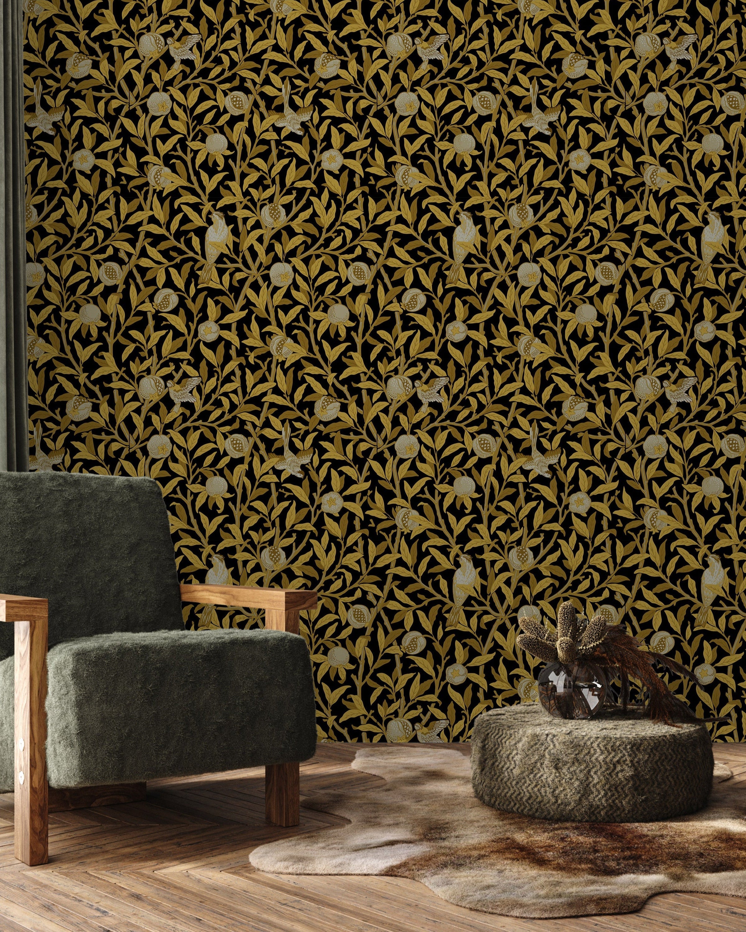 William Morris X Bird and Pomegranate Peel and Stick Wallpaper, Removable Wallpaper, Traditional Wallpaper - Gold | DeccoPrint
