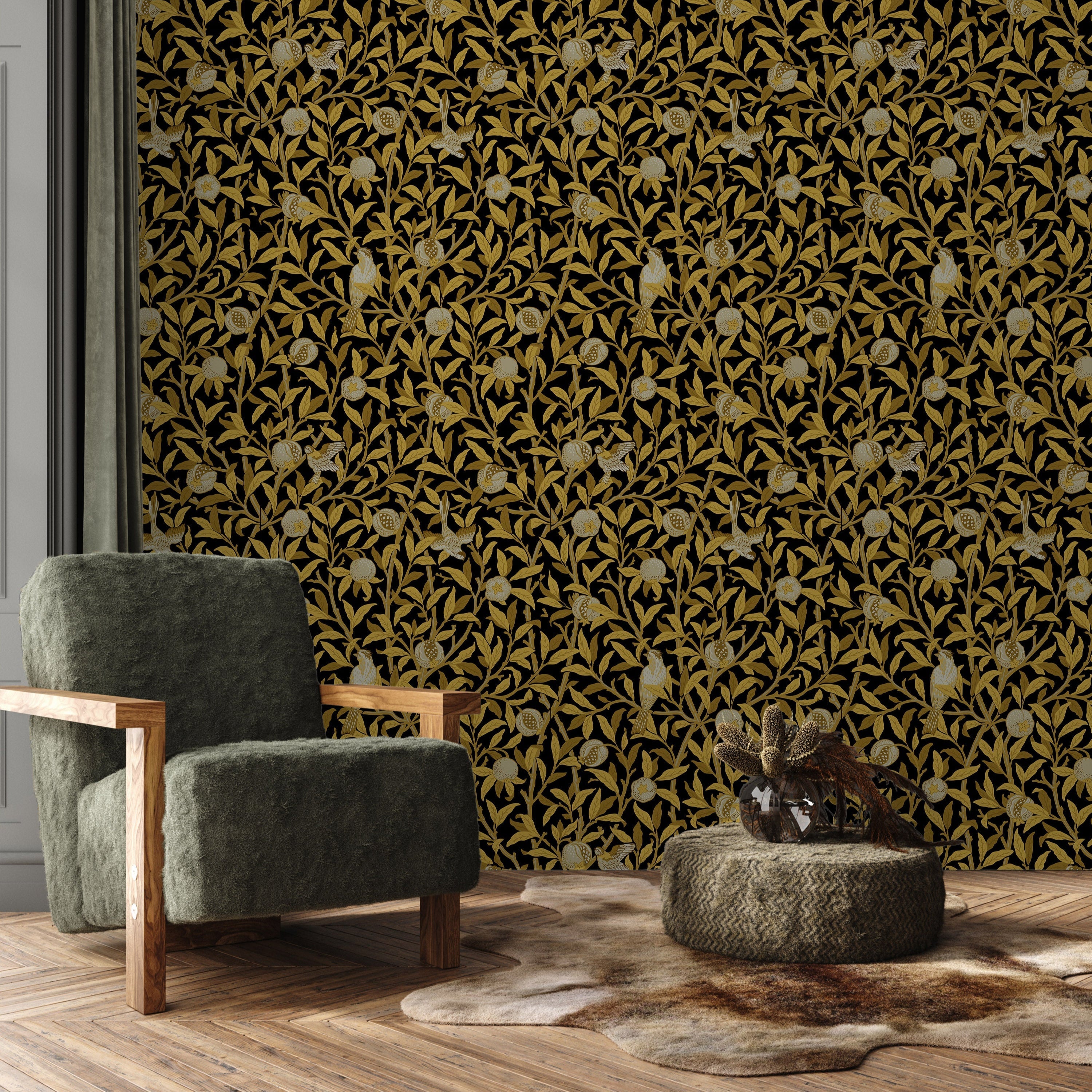 William Morris X Bird and Pomegranate Peel and Stick Wallpaper, Removable Wallpaper, Traditional Wallpaper - Gold | DeccoPrint