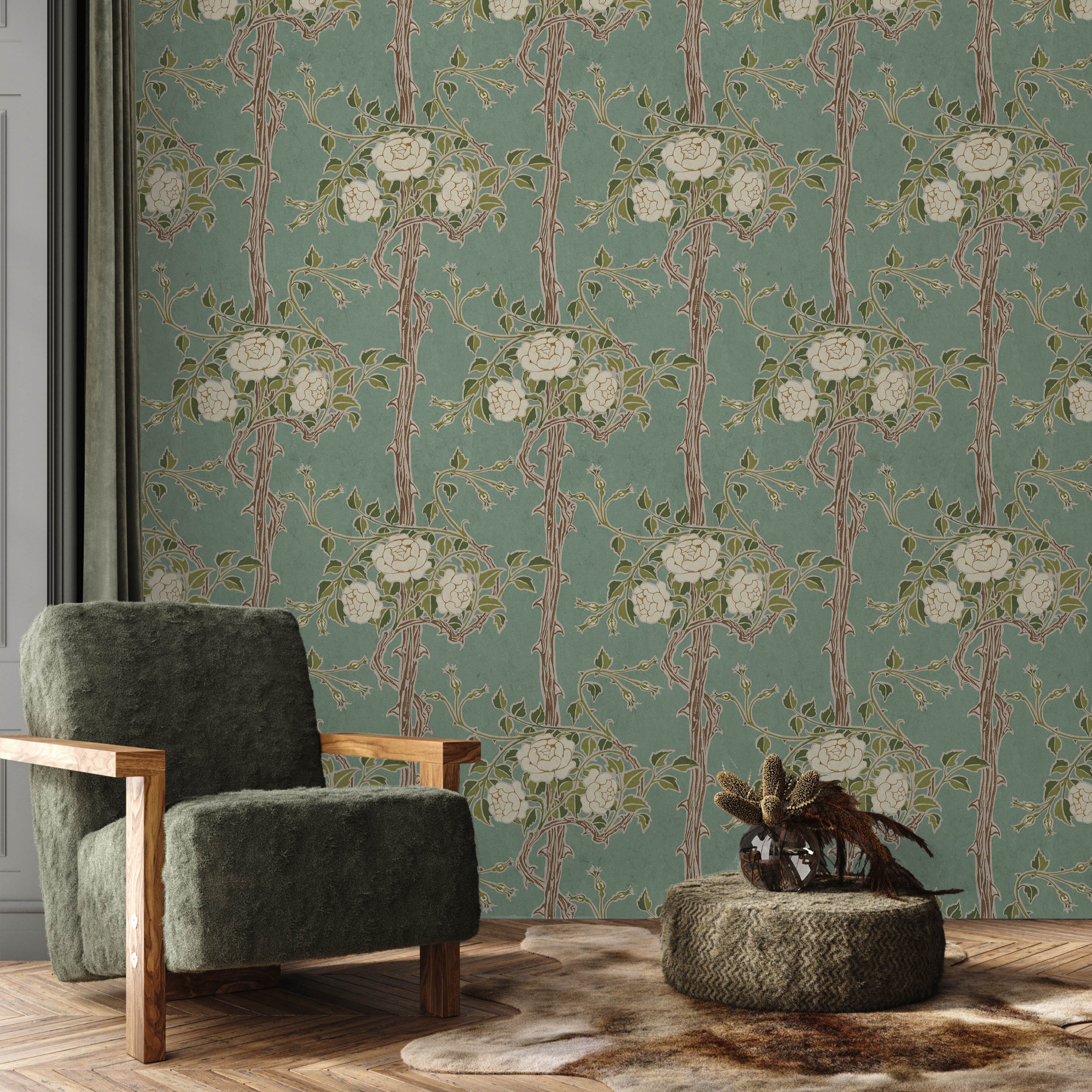 Walter Crane x Rose Bush Peel and Stick Wallpaper, Removable Wallpaper, Traditional Wallpaper - Vintage Green | DeccoPrint